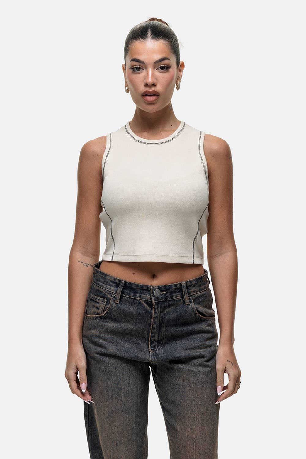 Good For Nothing Stitch Detail Cropped Vest Top In Cream
