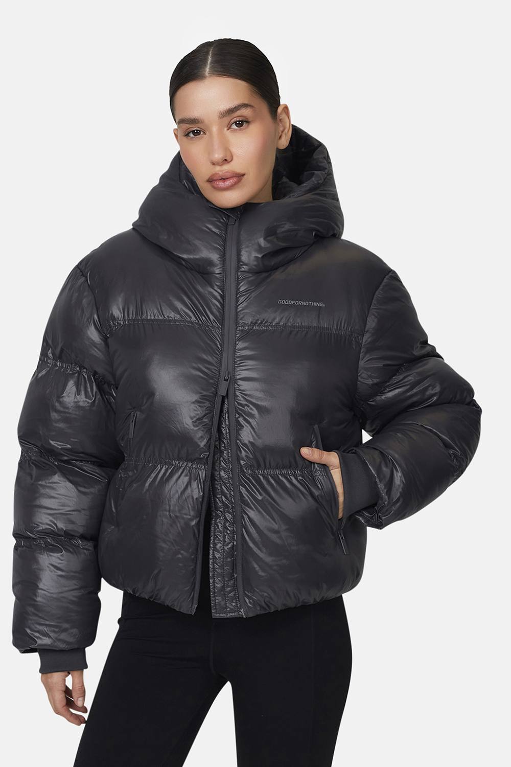 Good For Nothing Hooded Puffer Jacket In Grey