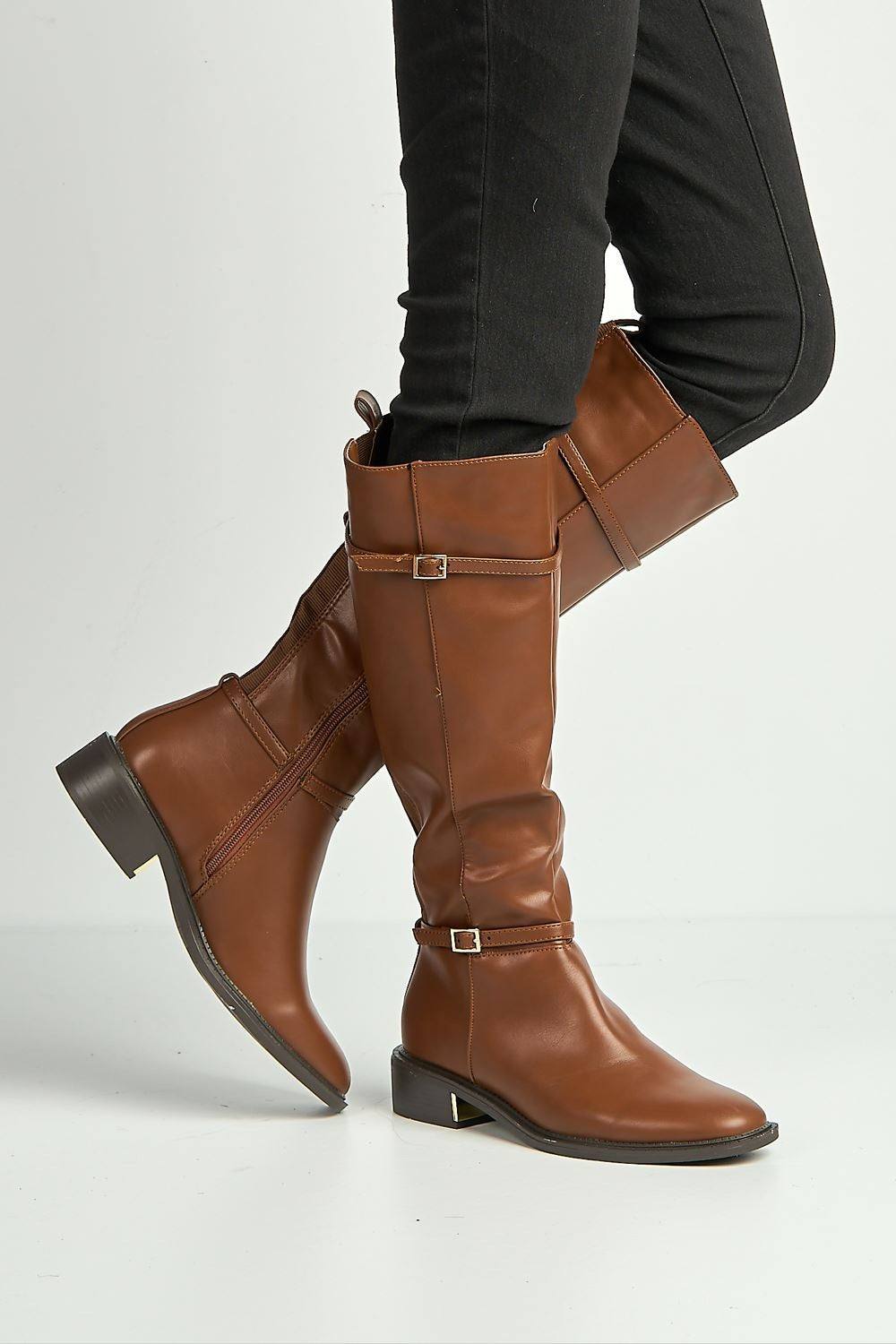 Miss Diva Calista Buckle Strap Low Heel Calf Boots In Tan