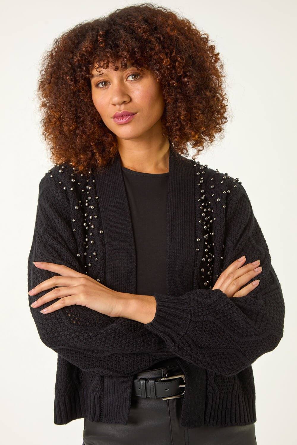 Roman Faux Pearl Embellished Cardigan In Black Roman Faux Pearl Embellished Cardigan In Black