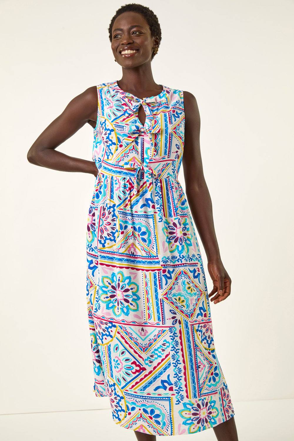 Roman Tie Print Bow Front Midi Dress In Light Blue