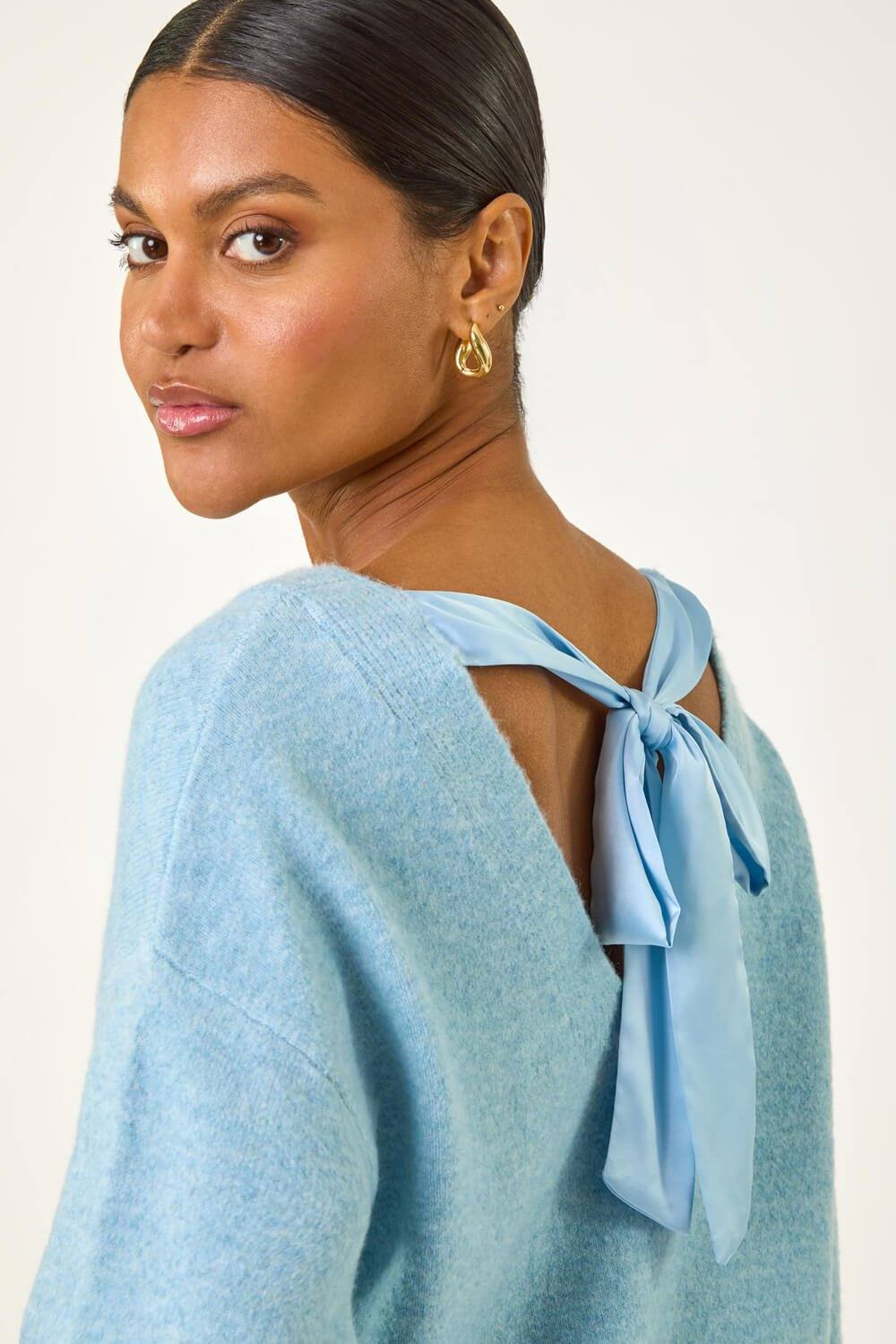 Roman Ribbon Bow Tie Back Jumper In Blue