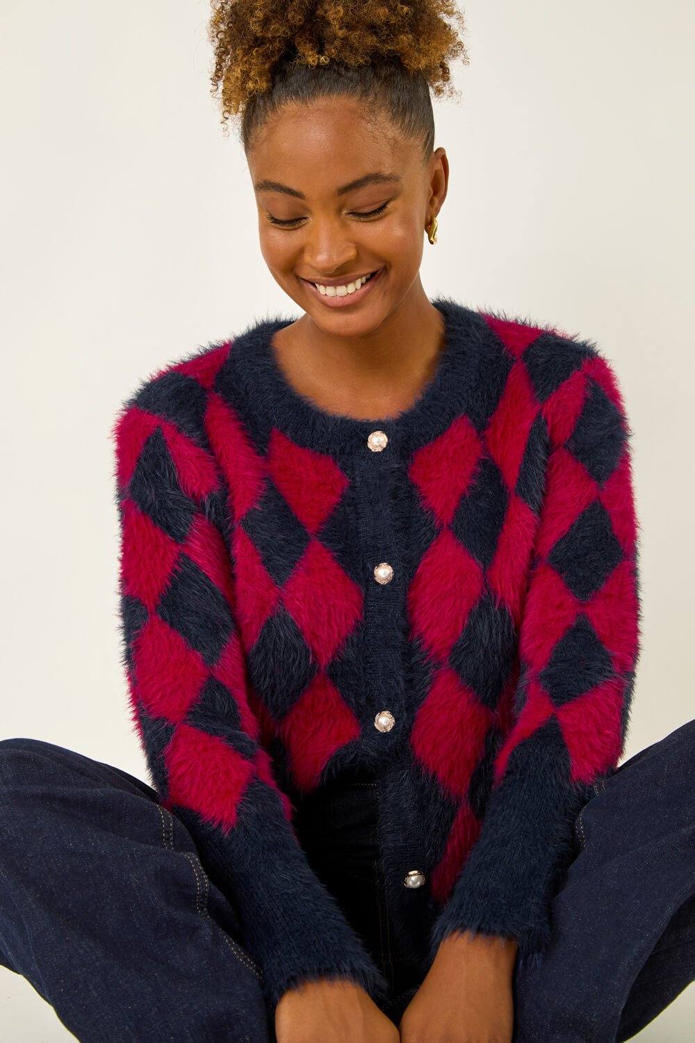 Roman Check Buttoned Cardigan In Red