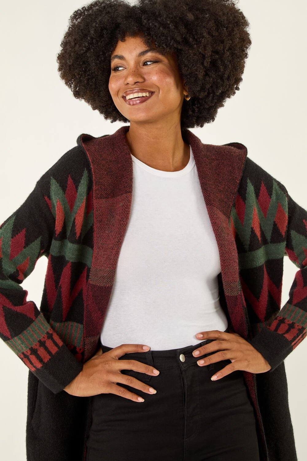 Roman Nordic Pattern Hooded Knit Cardigan In Black