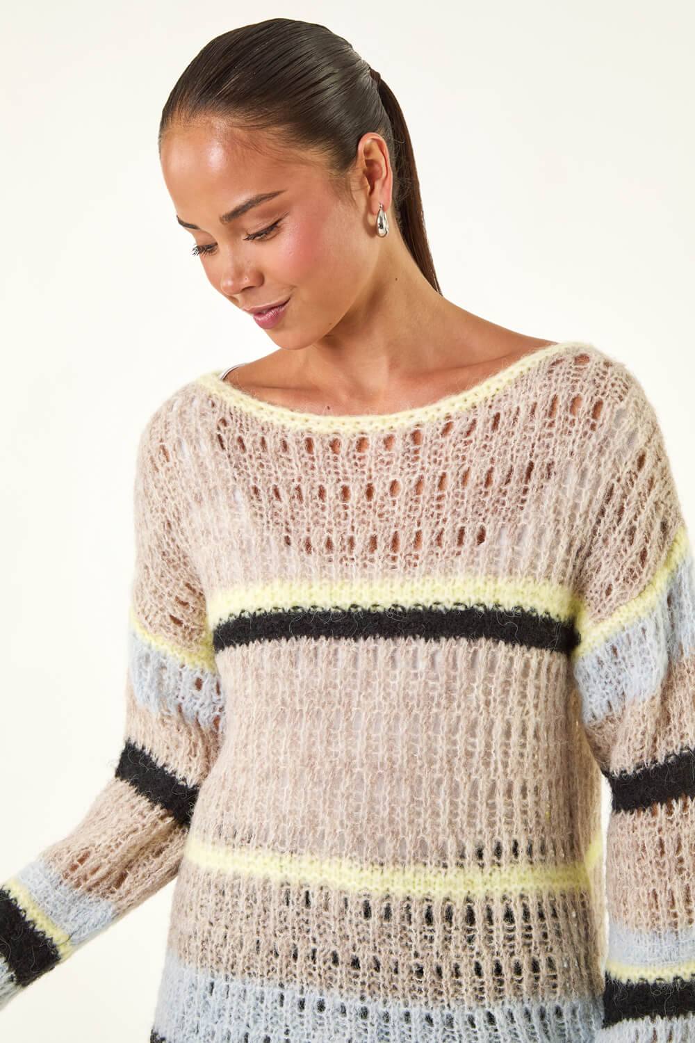Roman Petite Stripe Open Knitted Jumper In Stone