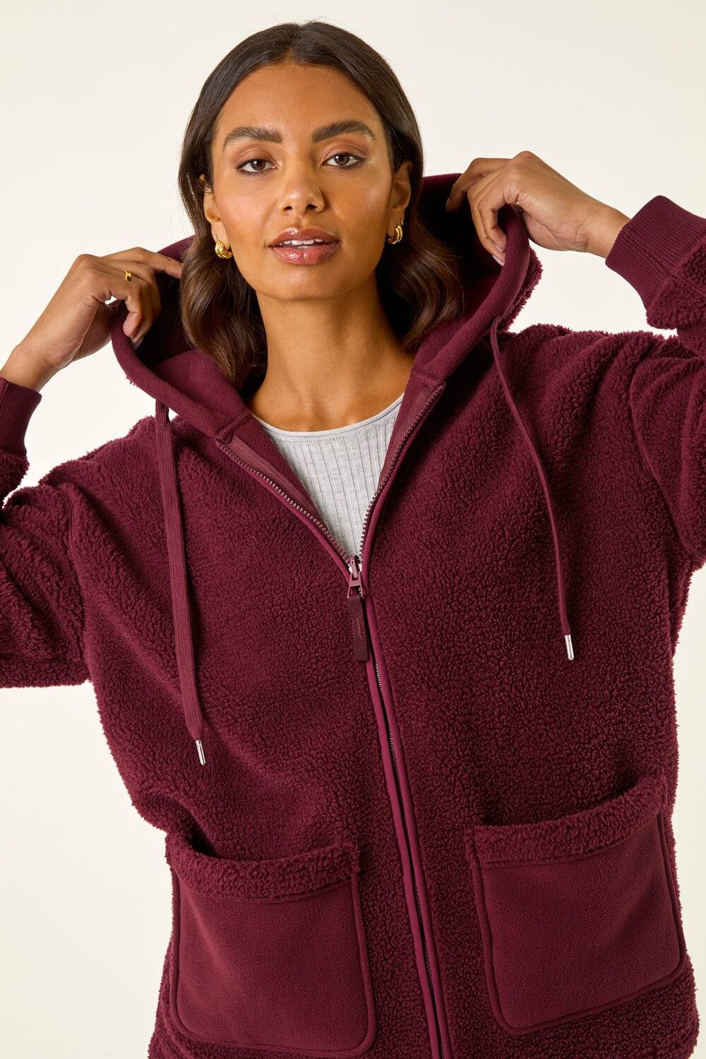 Roman Hooded Borg Zip Through Jacket In Burgundy Roman Hooded Borg Zip Through Jacket In Burgundy