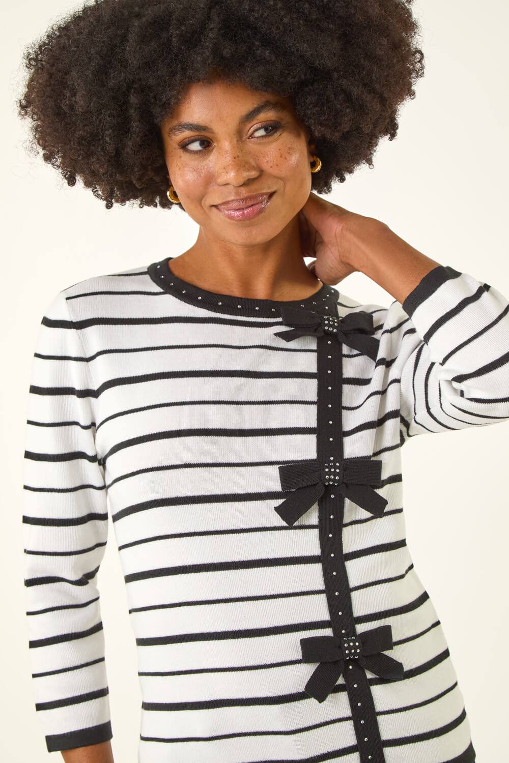 Roman Stripe Bow Detail Knit Jumper In Ivory Roman Stripe Bow Detail Knit Jumper In Ivory