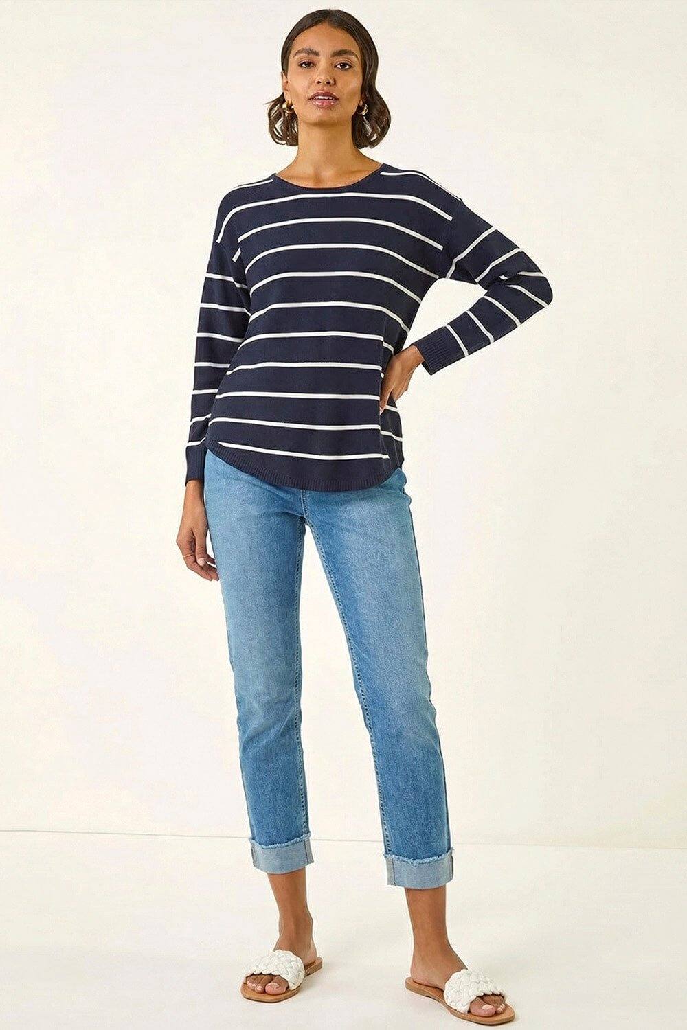 Roman Stripe Curved Hem Knit Jumper In Navy Roman Stripe Curved Hem Knit Jumper In Navy