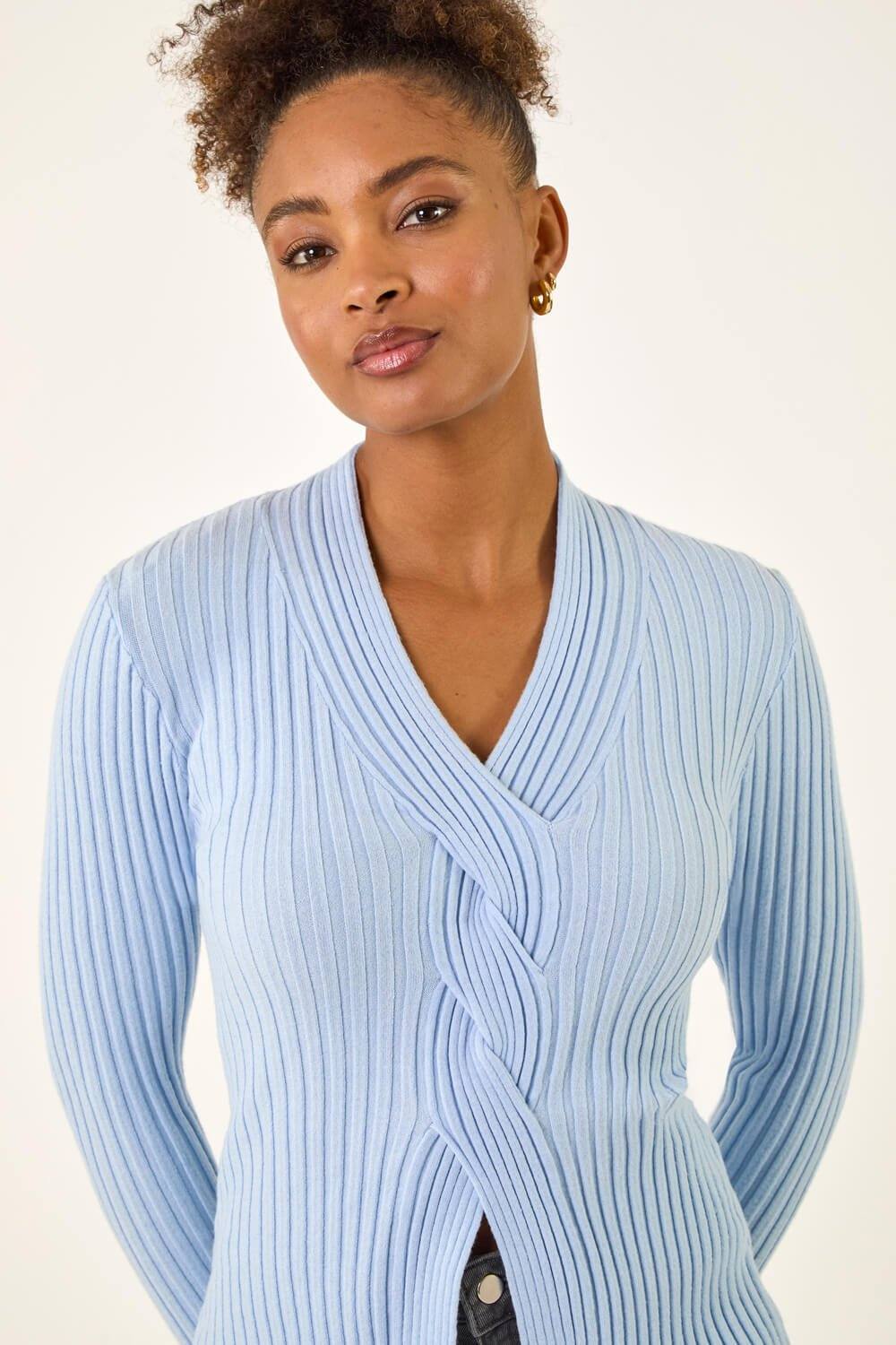 Roman Cable Split Detail Rib Jumper In Light Blue Roman Cable Split Detail Rib Jumper In Light Blue