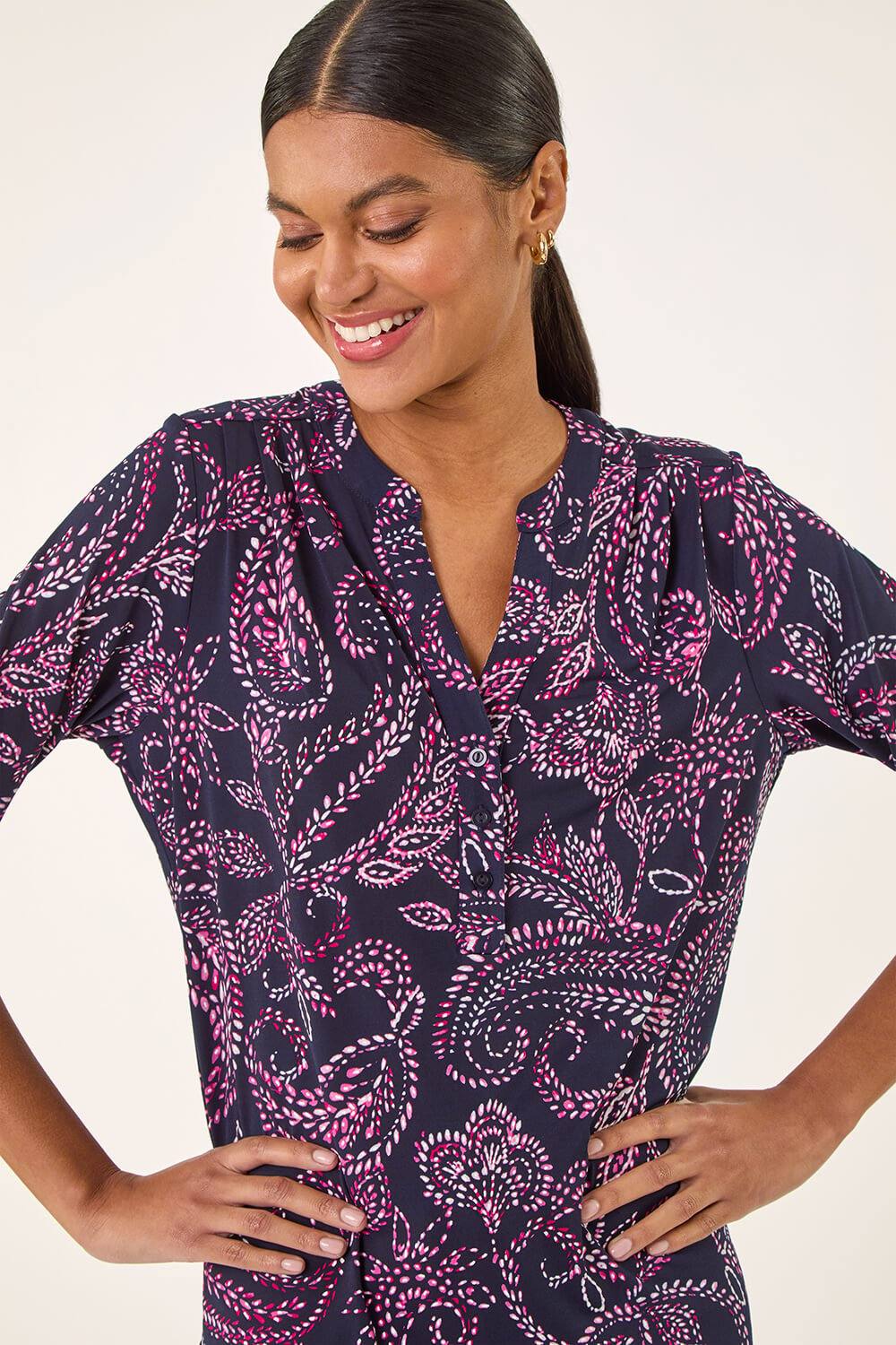 Roman Leaf Puff Print Stretch Shirt In Navy