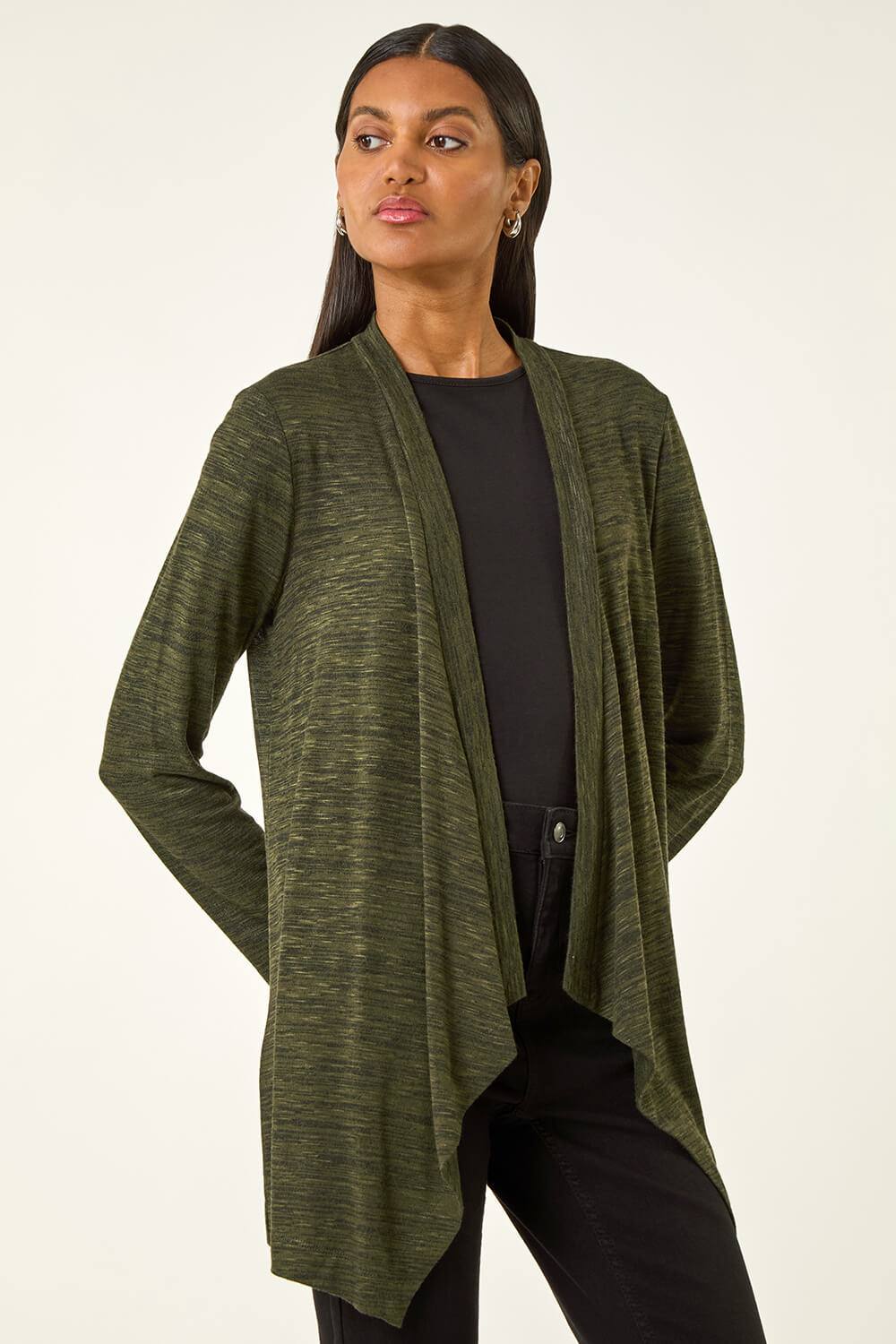 Roman Waterfall Front Stretch Cardigan In Khaki