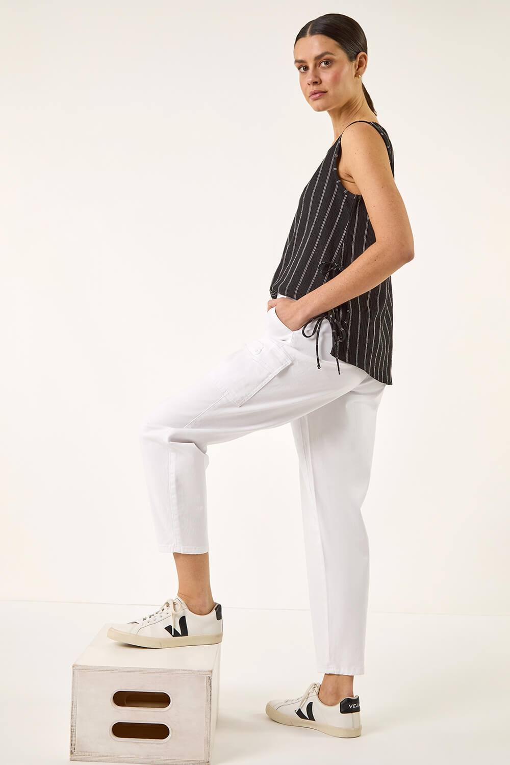Roman Casual Elastic Waist Cargo Stretch Trousers In White