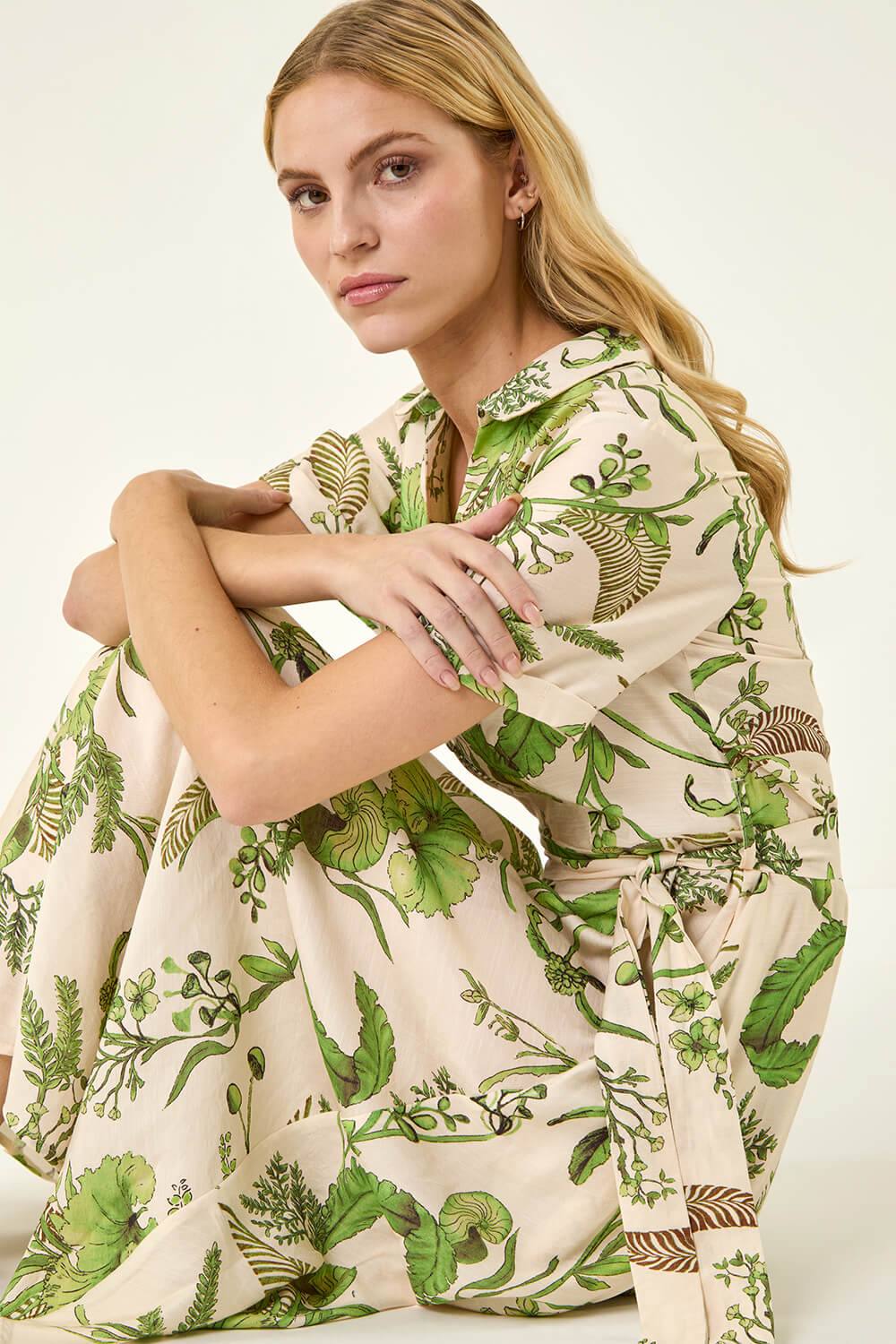 Roman Floral Tie Waist Shirt Dress In Cream Roman Floral Tie Waist Shirt Dress In Cream
