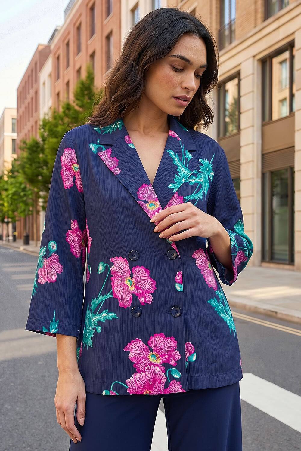 Roman Floral Textured Relaxed Blazer In Navy Roman Floral Textured Relaxed Blazer In Navy