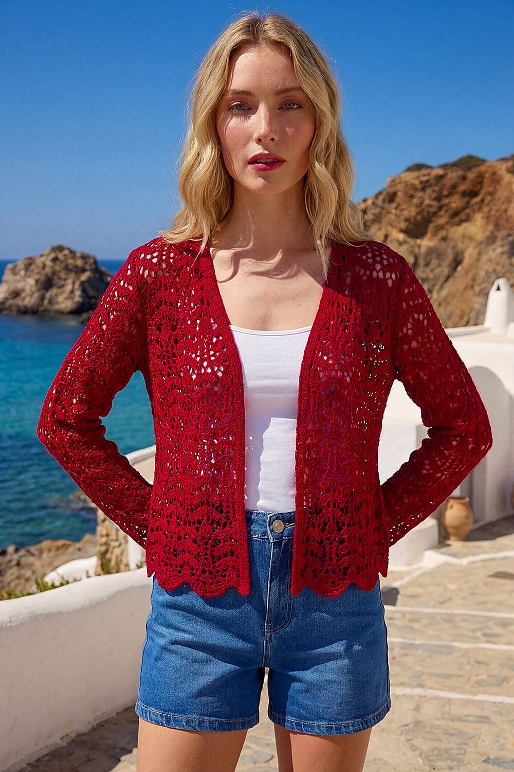 Roman Crochet Edge To Edge Cardigan In Burgundy Roman Crochet Edge To Edge Cardigan In Burgundy