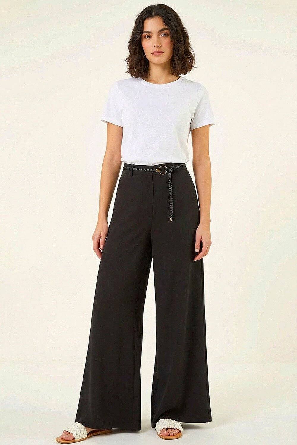 Roman Wide Leg Belt Tie Trouser In Black