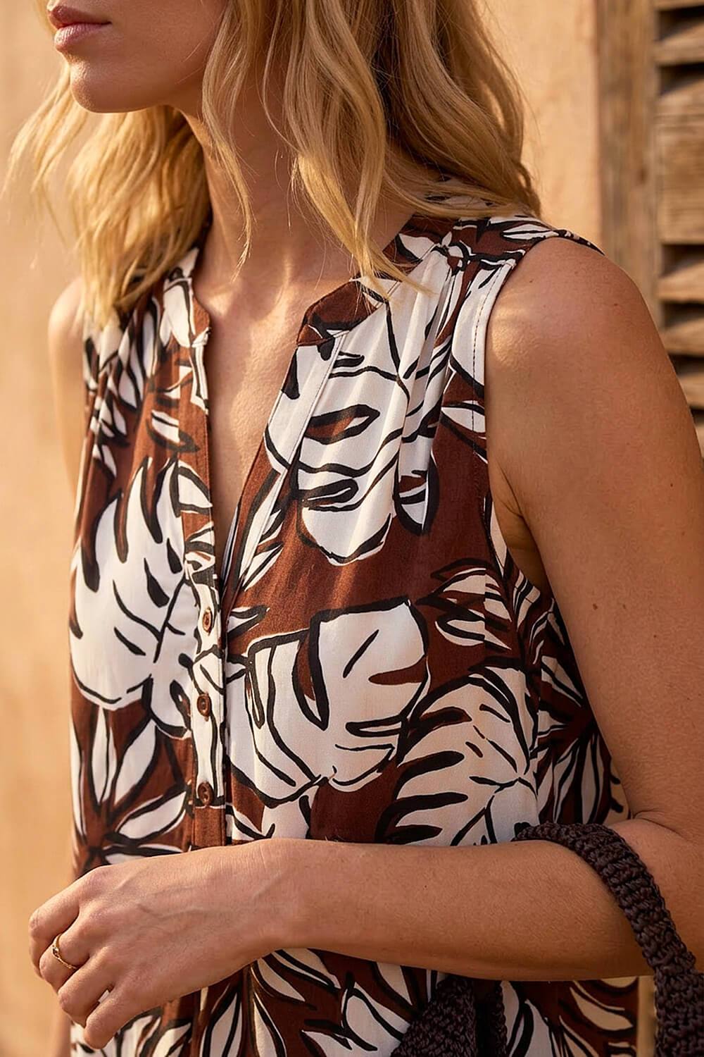 Roman Leaf Puff Print Gathered Vest Top In Chocolate Roman Leaf Puff Print Gathered Vest Top In Chocolate