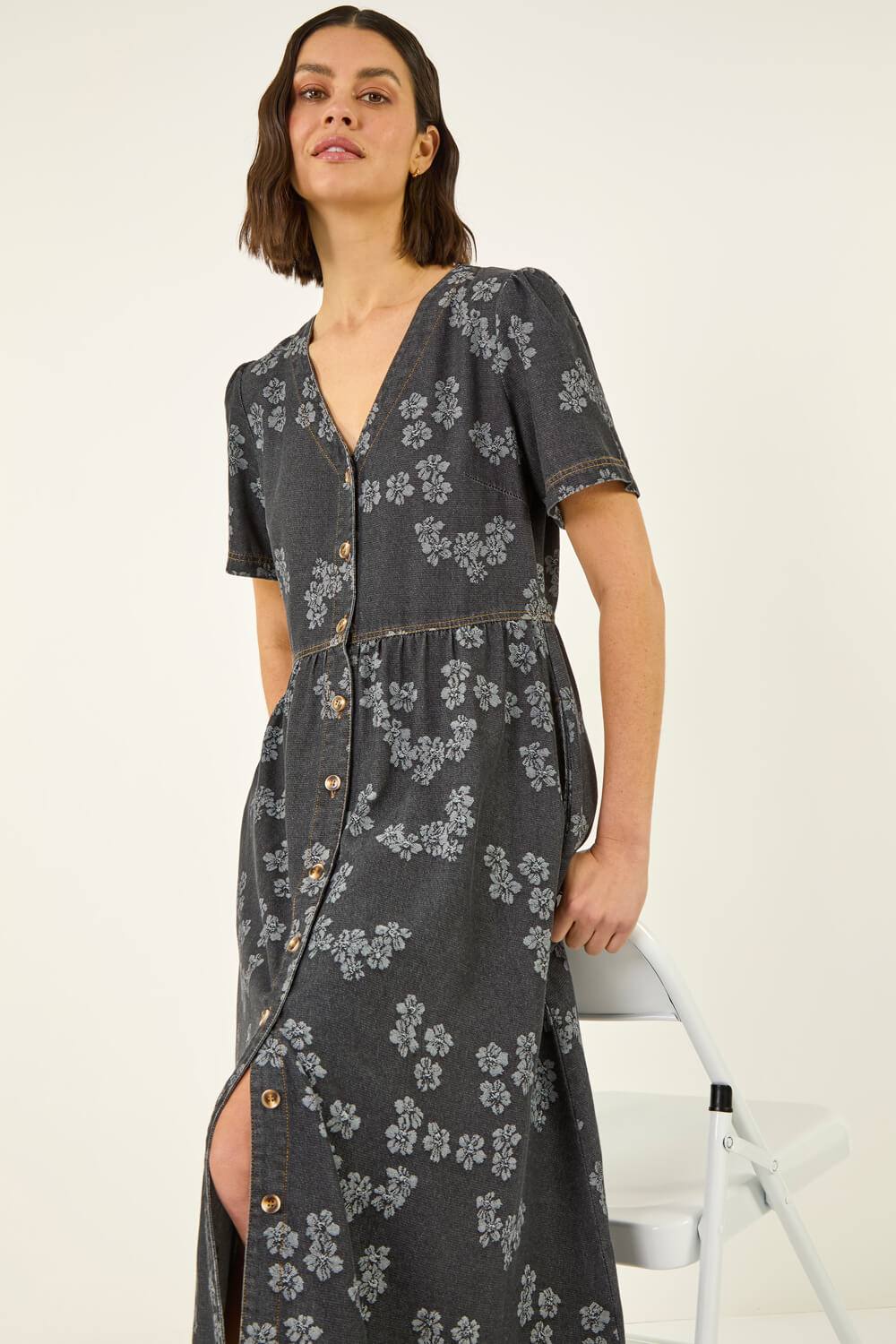 Roman Floral Denim Shirt Dress In Black