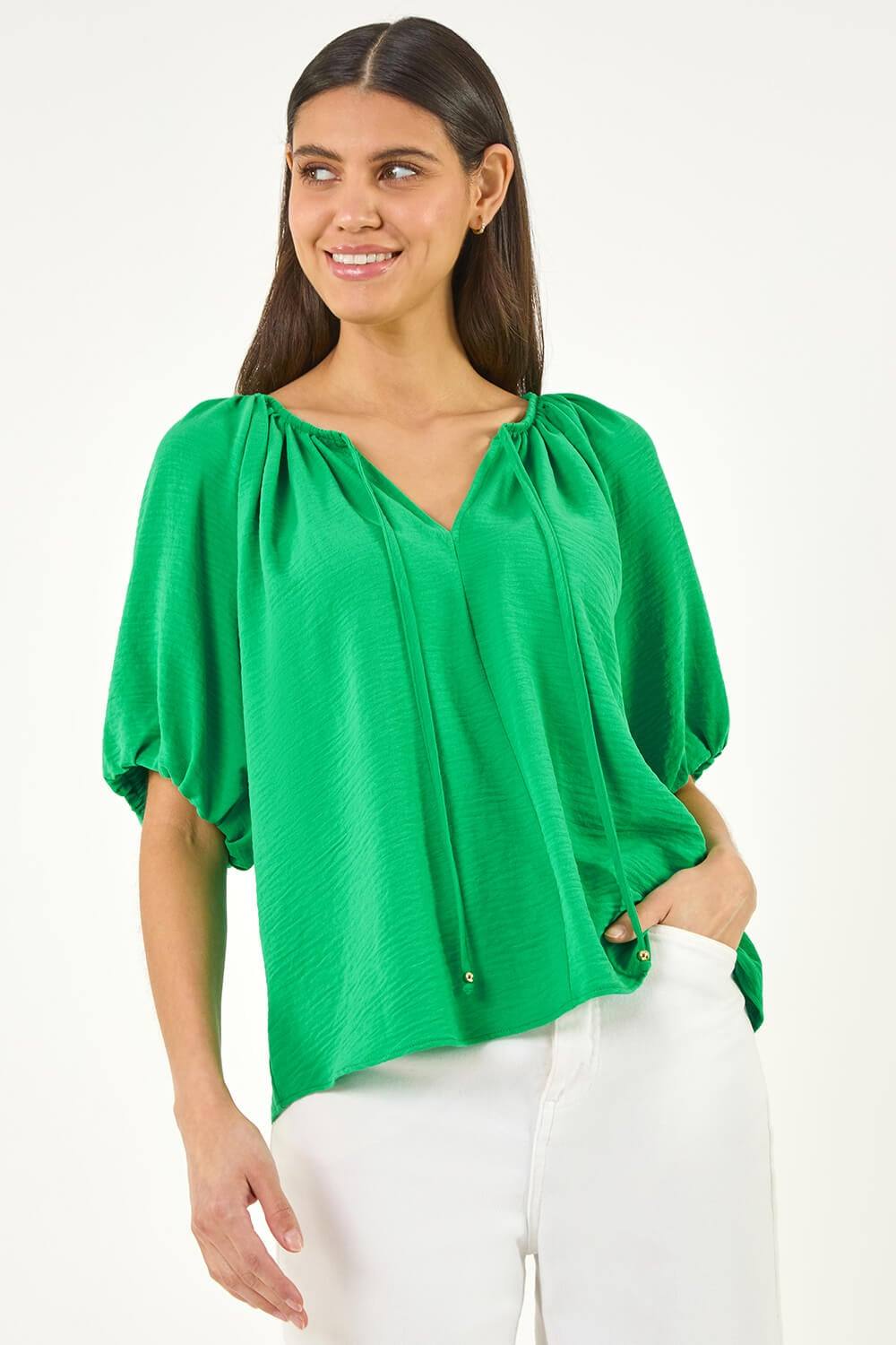 Roman Tie Front Raglan Sleeve Top In Green Roman Tie Front Raglan Sleeve Top In Green