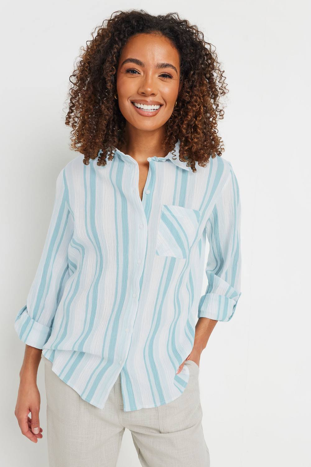 M&co Stripe Tab Sleeve Cotton Shirt In Blue