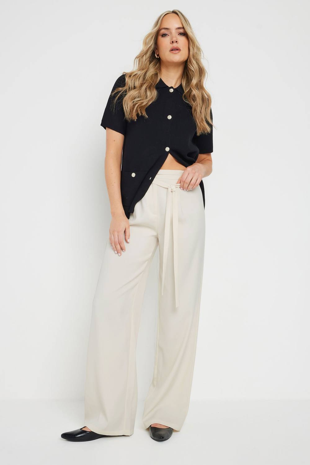 Long Tall Sally Tall Double Belt Tie Wide Leg Trousers In Ivory