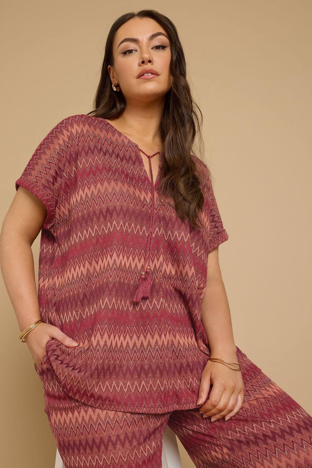 Yours Metallic Zig Zag Tie Neck Top In Orange Yours Metallic Zig Zag Tie Neck Top In Orange