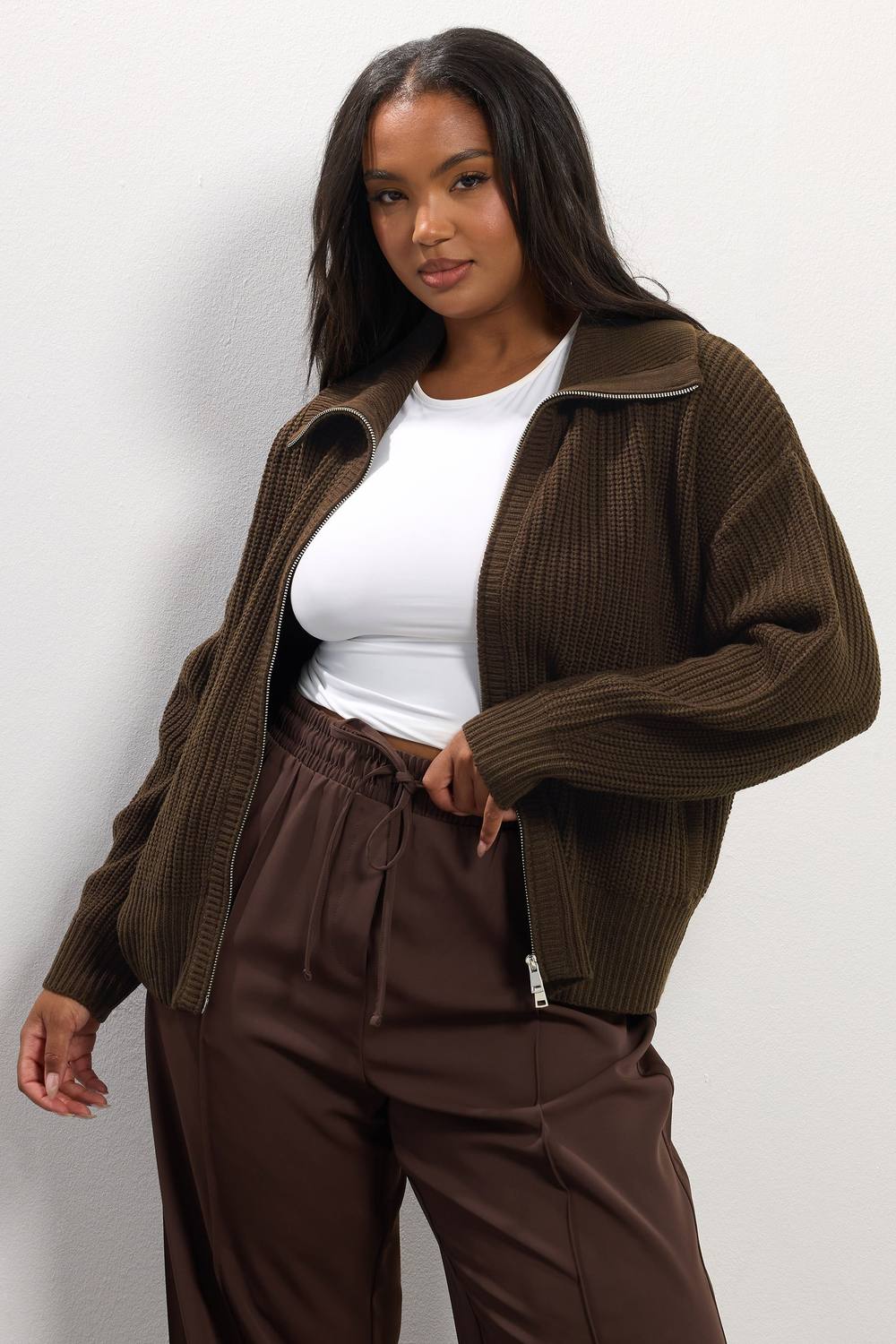 Yours Bomber Knitted Cardigan In Brown