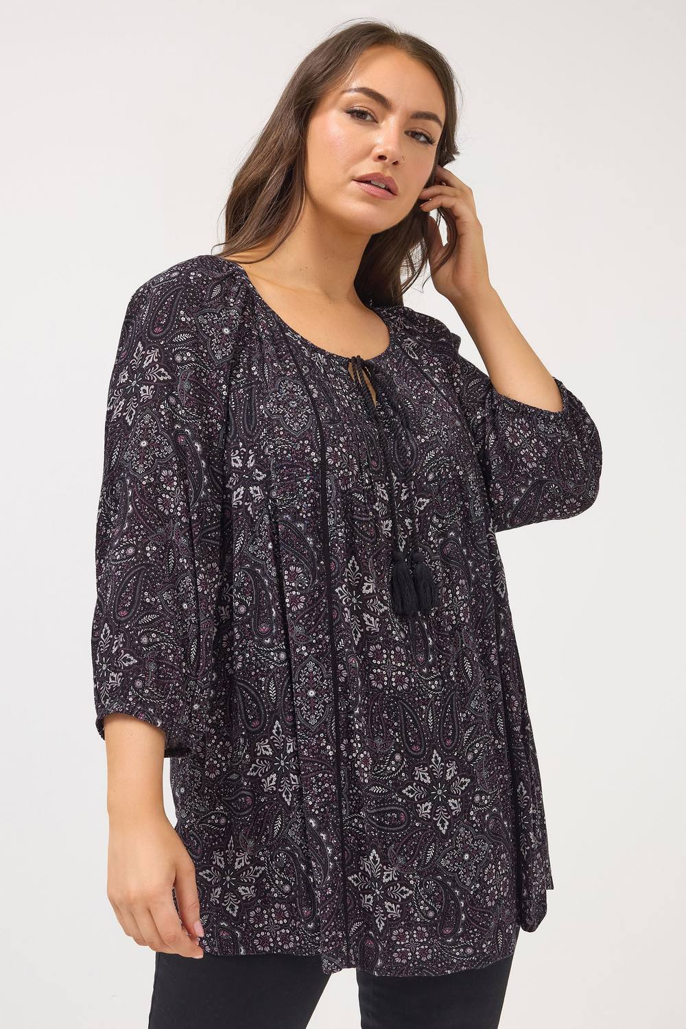 Yours Paisley Tie Neck Top In Black