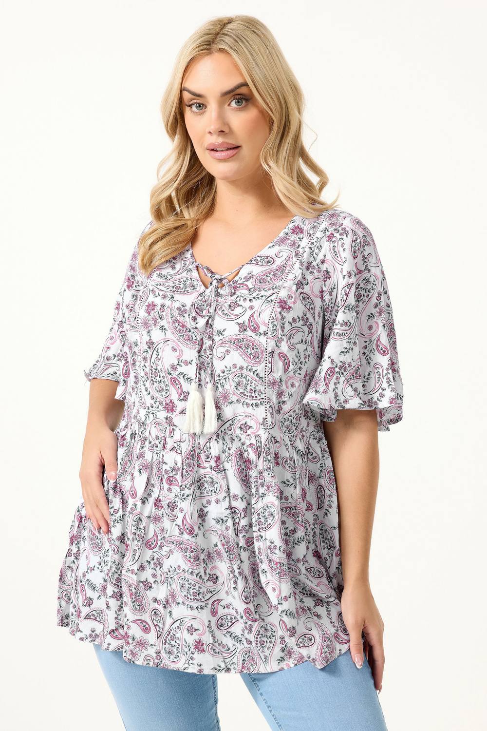 Yours Paisley Embellished Tie Neck Top In White