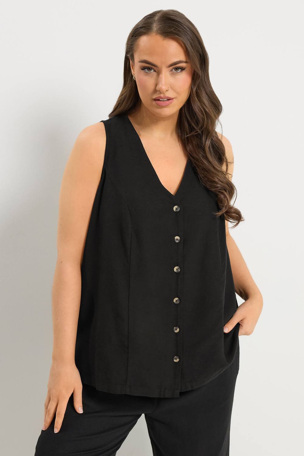 Yours Woven Linen Waistcoat In Black Yours Woven Linen Waistcoat In Black