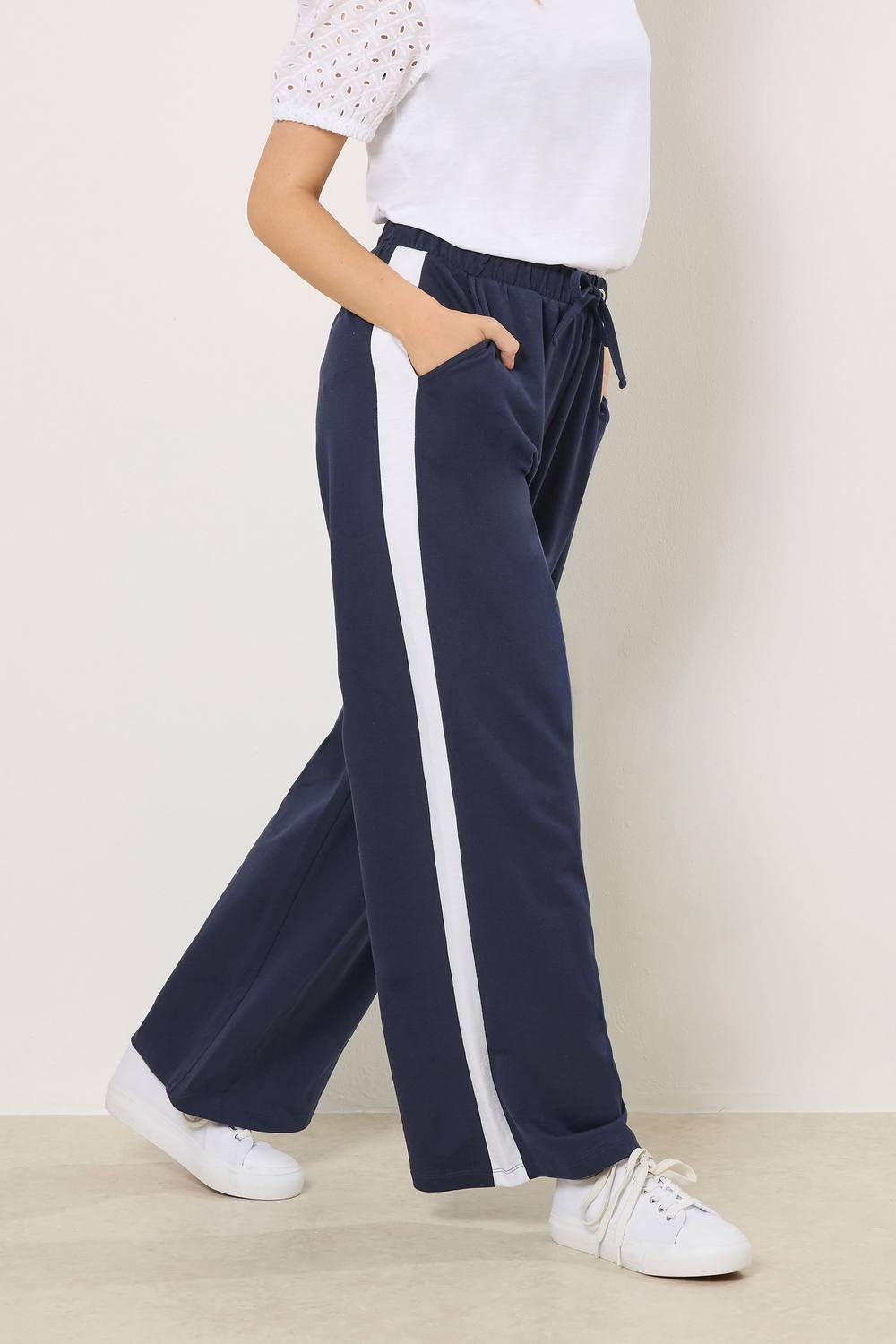 M&co Side Stripe Cotton Wide Leg Joggers In Mid Navy M&co Side Stripe Cotton Wide Leg Joggers In Mid Navy