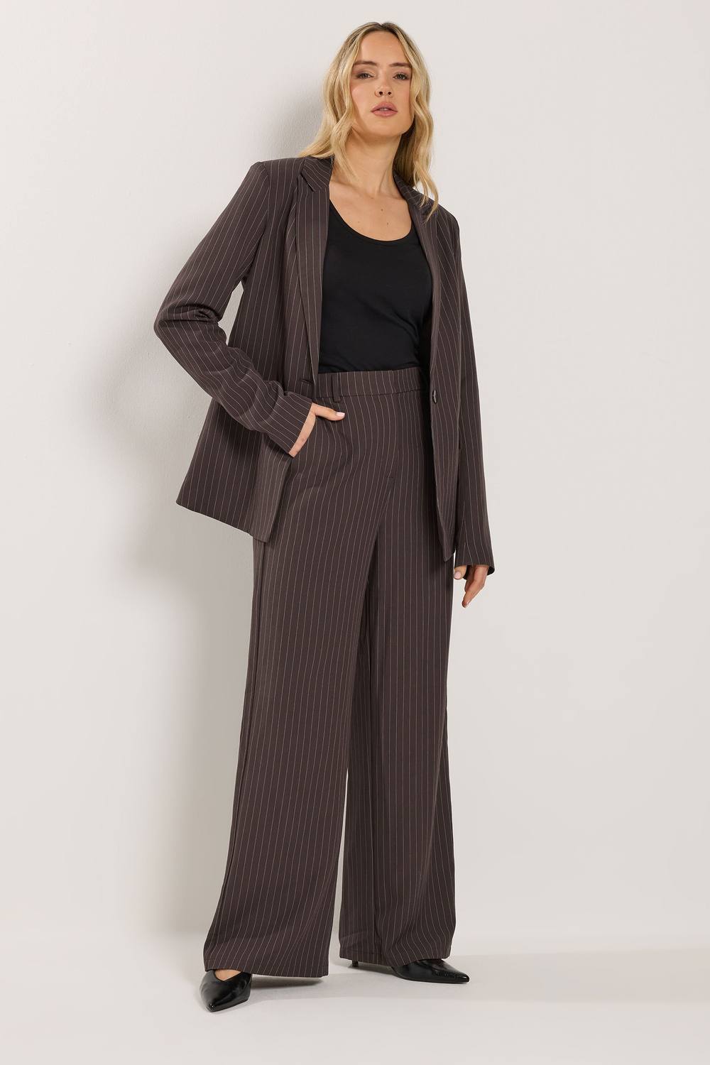 Long Tall Sally Tall Pinstripe Wide Leg Trousers In Chocolate Long Tall Sally Tall Pinstripe Wide Leg Trousers In Chocolate