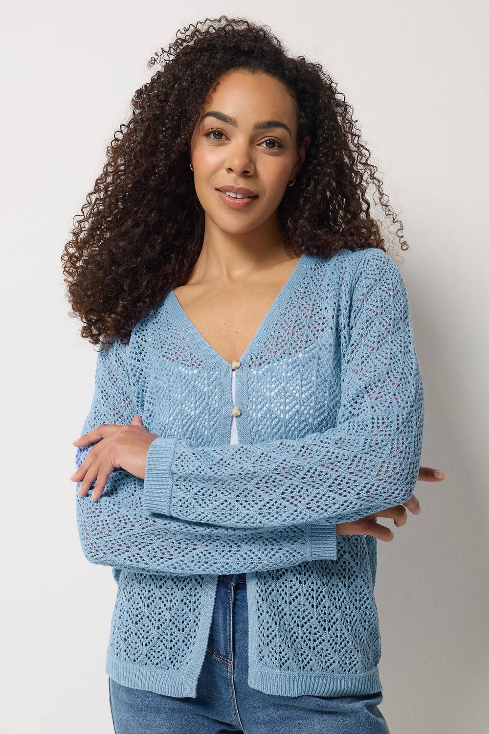 M&co Pointelle Detail Cardigan In Light Blue