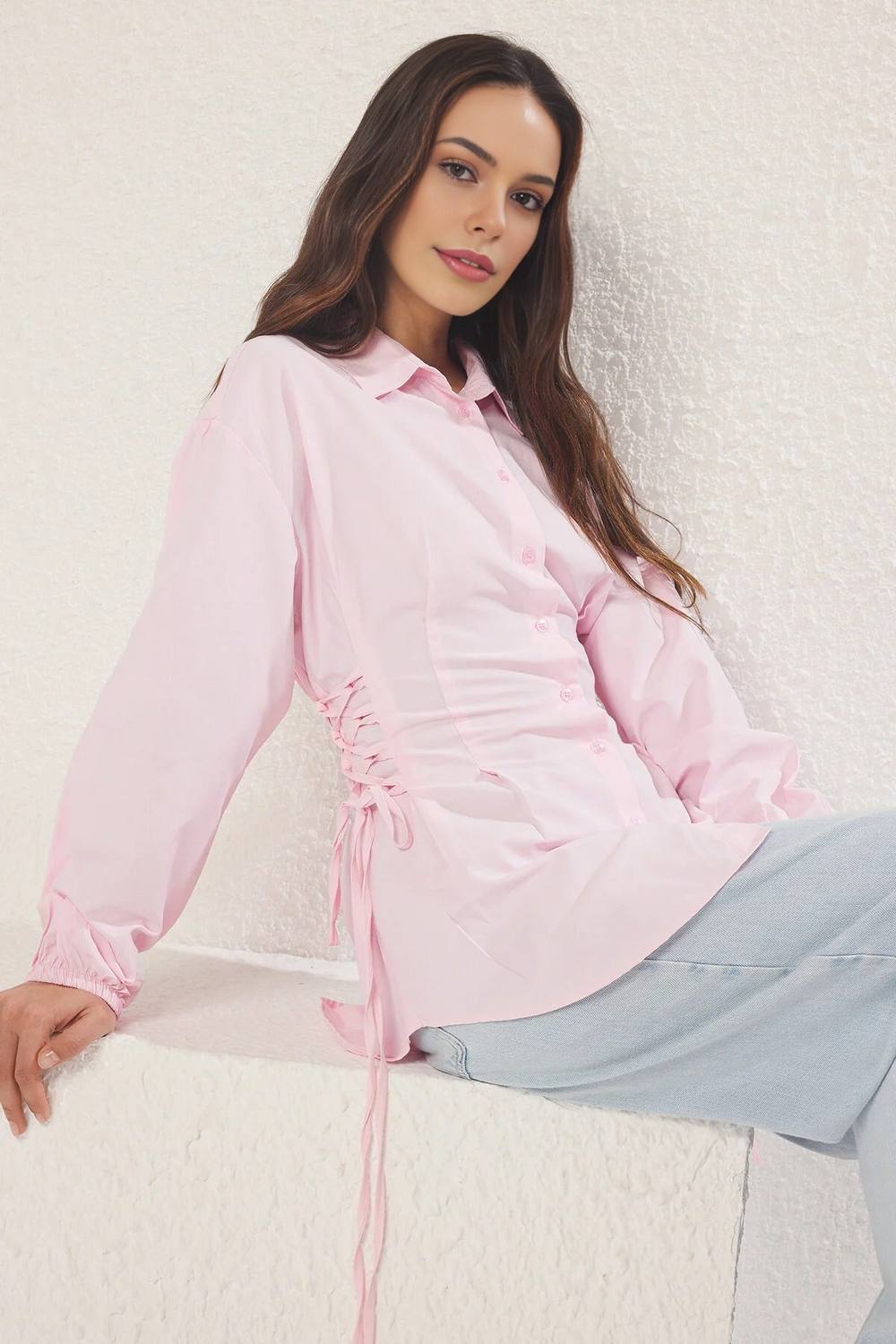 Wovcor Woven Shirt With Waist Tie Detail In Pink