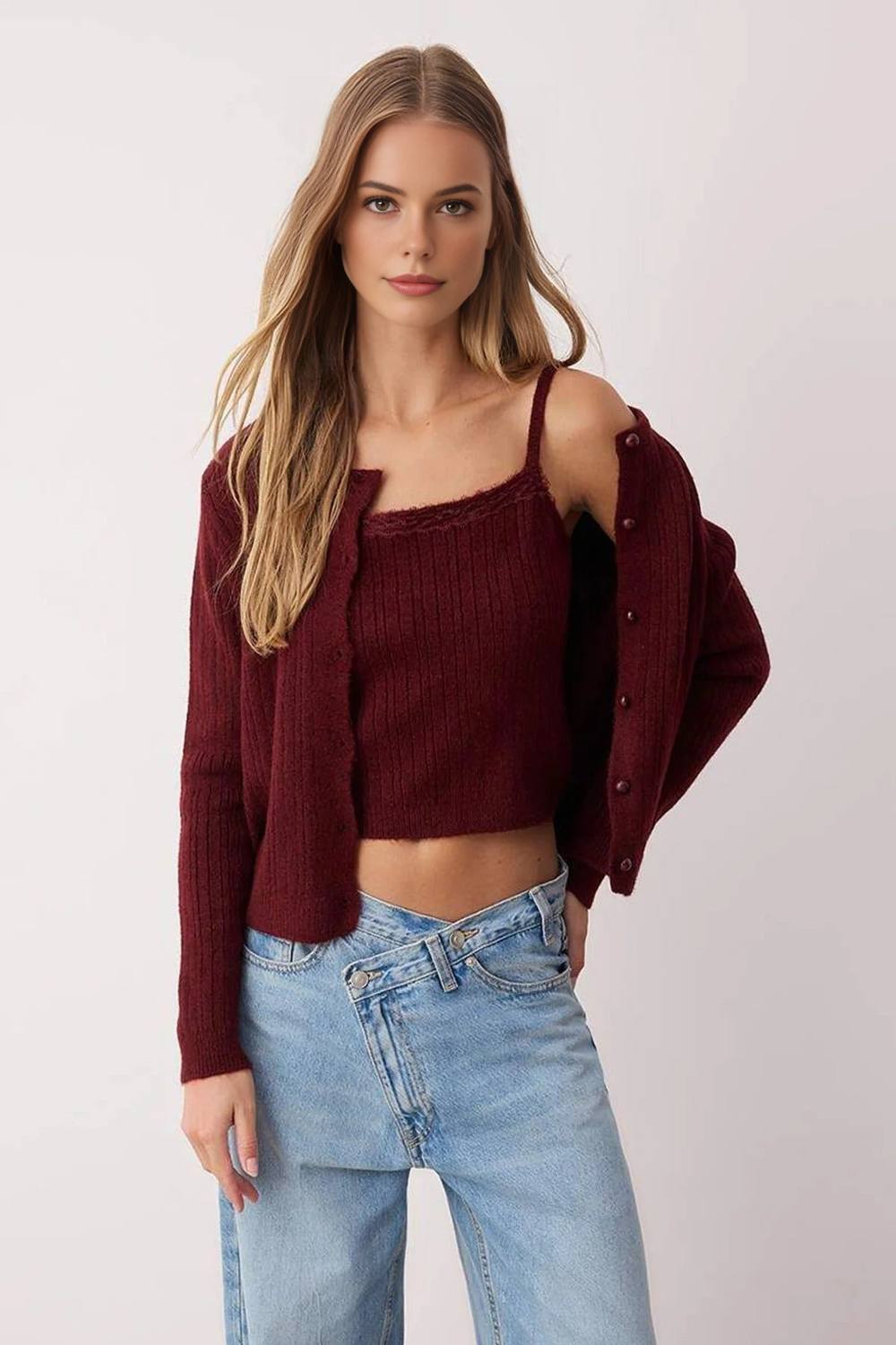 Wovcor Soft Knit Ribbed Cami And Long Sleeve Cardigan Set In Burgundy