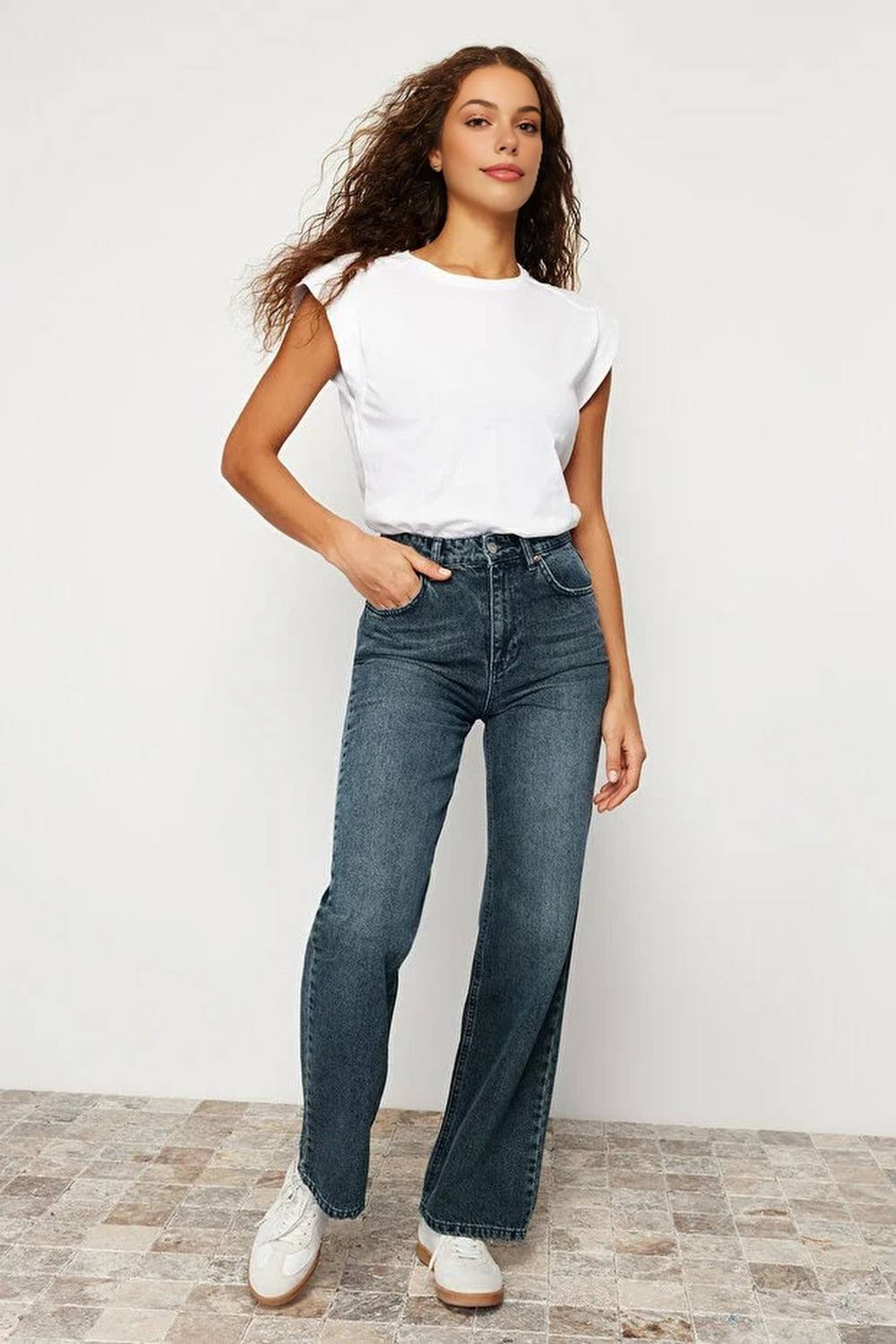 Wovcor Faded Effect Vintage High Waist Wide Leg Jeans In Dark Blue Wovcor Faded Effect Vintage High Waist Wide Leg Jeans In Dark Blue
