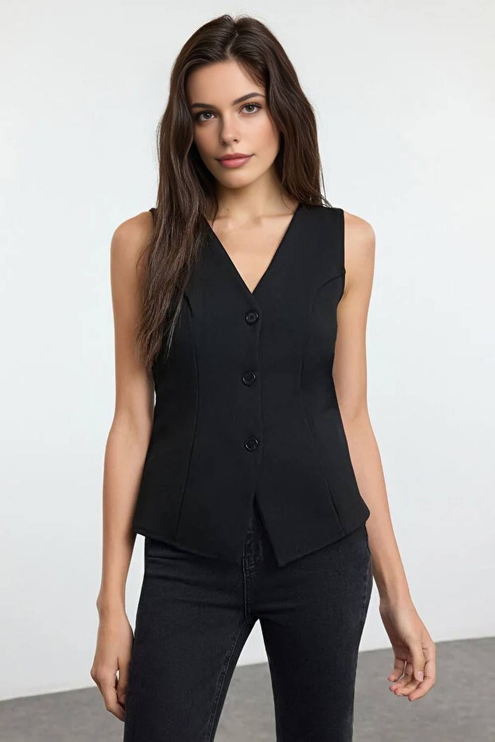 Wovcor Tailored Button-Front V-Neck Waistcoat In Black Wovcor Tailored Button-Front V-Neck Waistcoat In Black