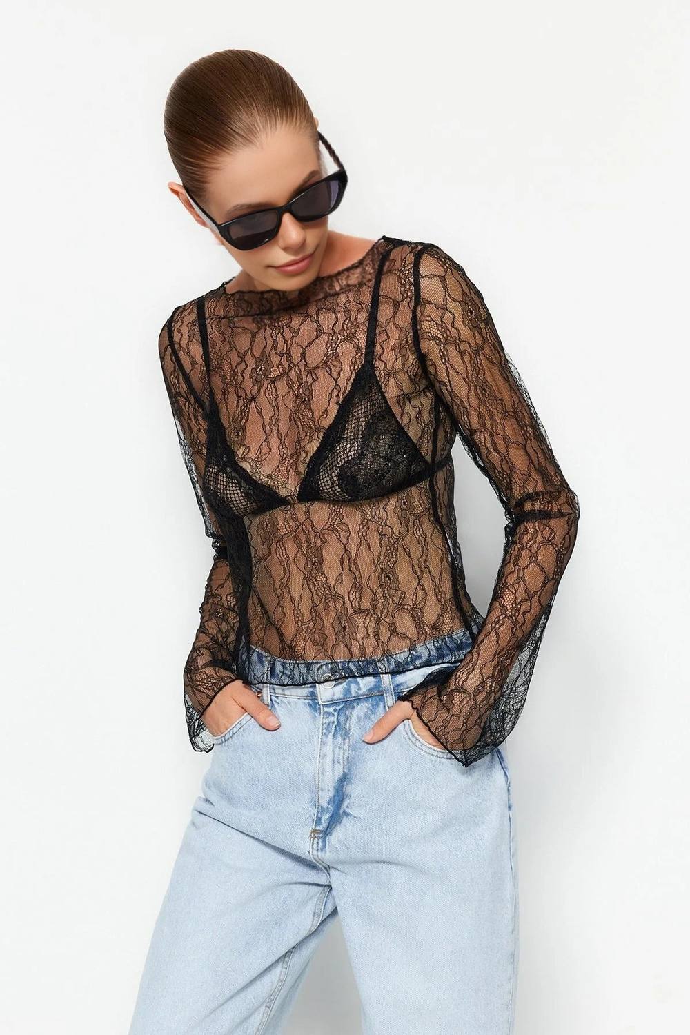 Wovcor Lace Sheer Long Sleeve Top In Black