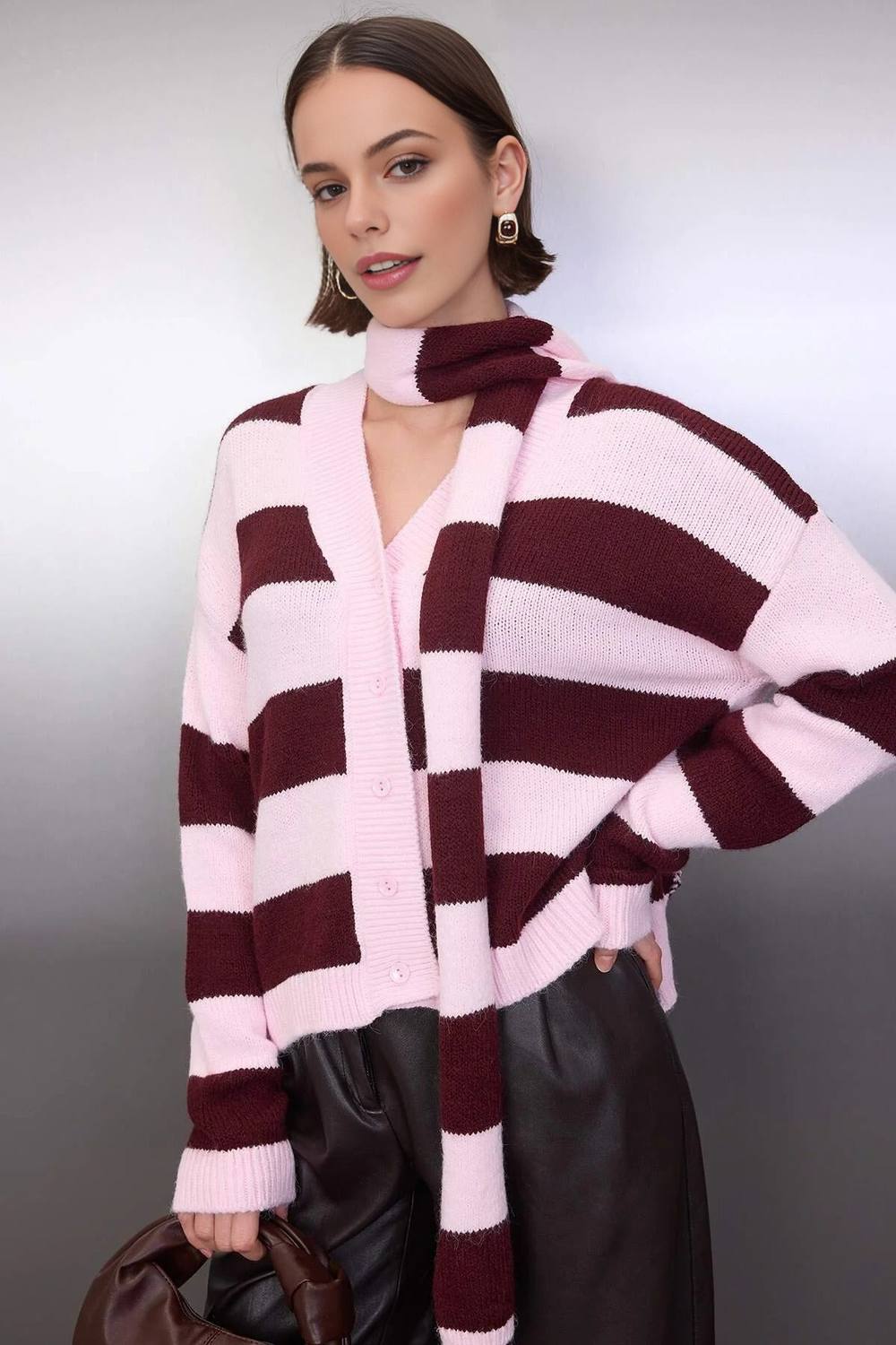 Wovcor Soft Knit Stripe Cardigan With Scarf Detail
