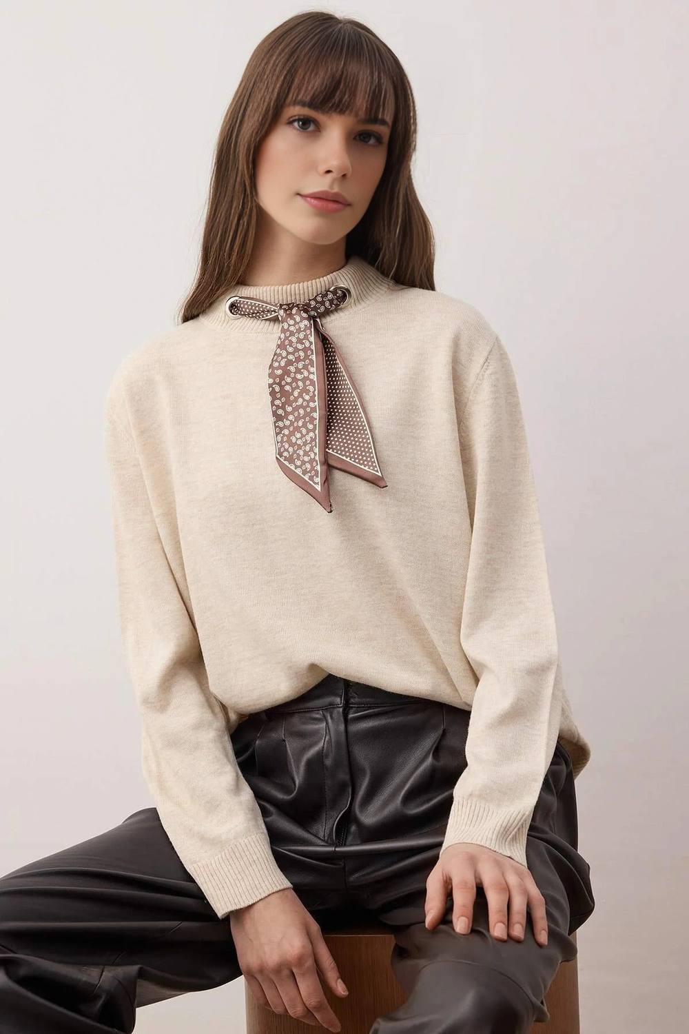 Wovcor Scarf Collar Detail Soft Knit Jumper In Beige