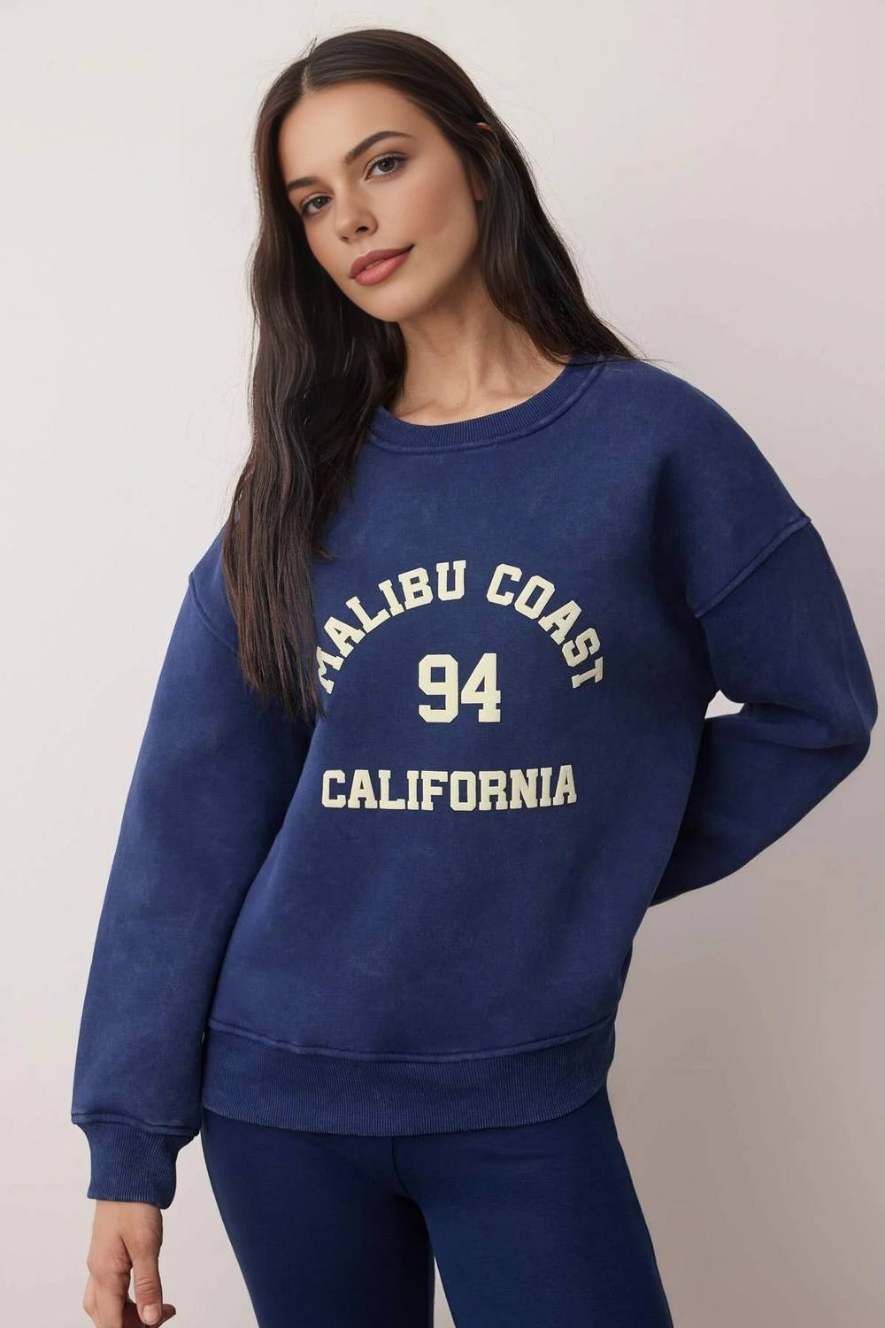 Wovcor Oversized Printed Washed Fleece-Lined Knit Sweatshirt In Navy Wovcor Oversized Printed Washed Fleece-Lined Knit Sweatshirt In Navy
