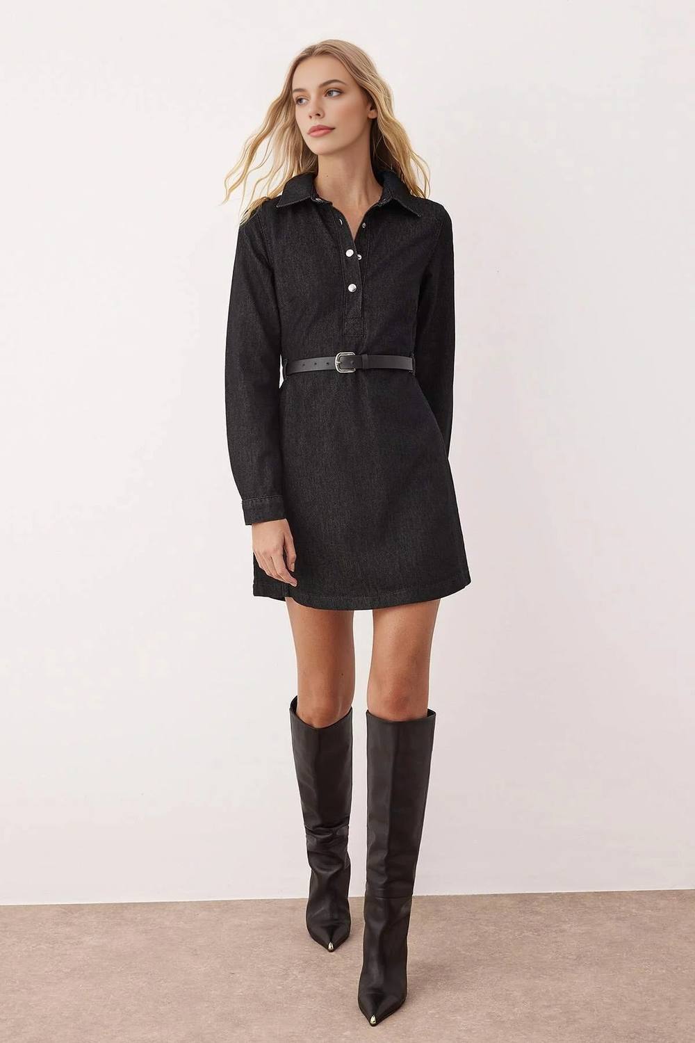 Wovcor Belted Shirt Collar Long Sleeve Mini Denim Dress In Black