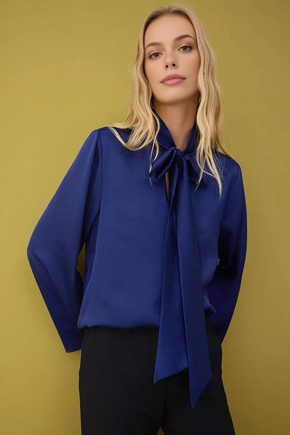 Wovcor Satin Woven Blouse With Scarf Neck Detail In Navy Wovcor Satin Woven Blouse With Scarf Neck Detail In Navy