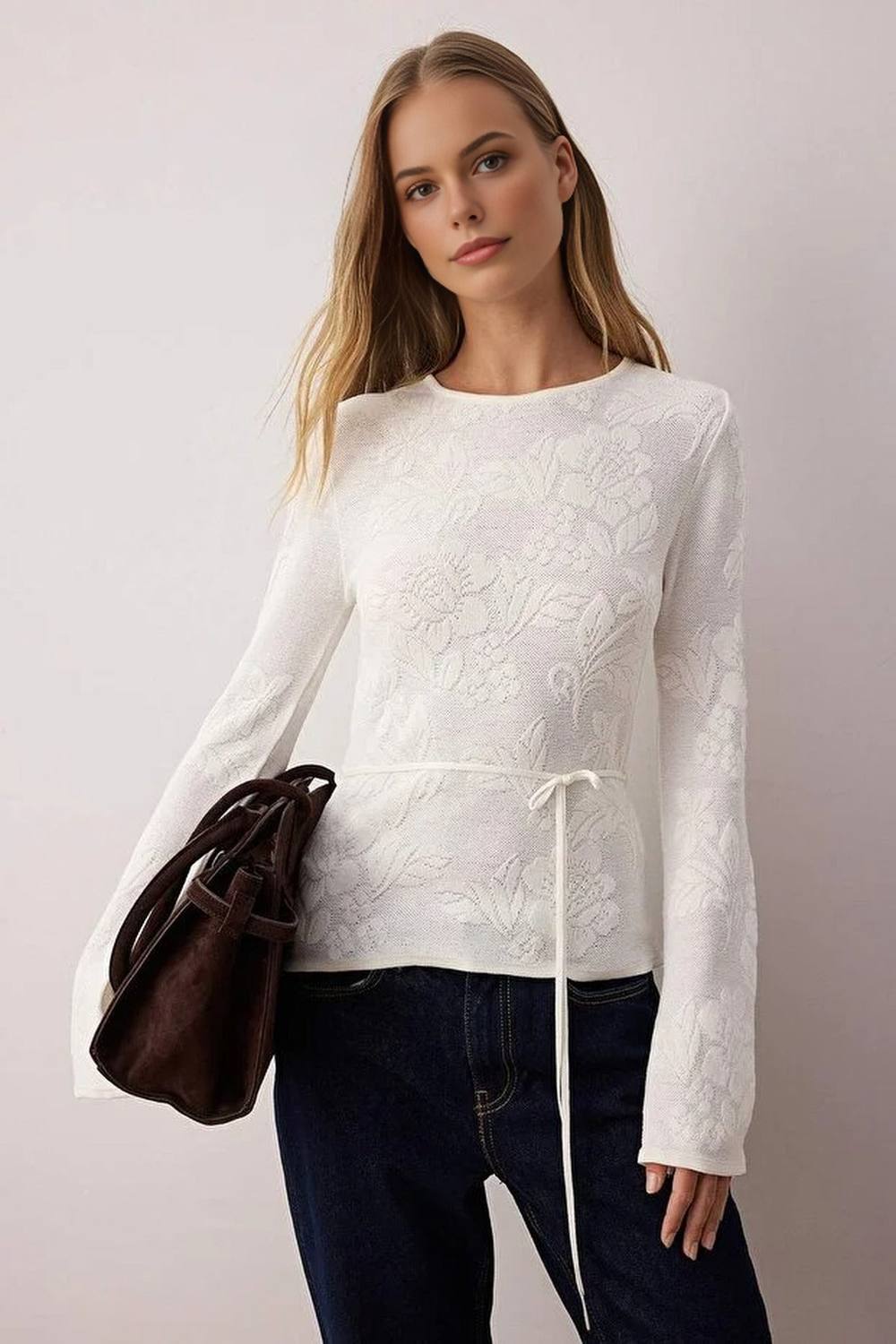 Wovcor Textured Floral Pattern Tie Waist Knit Sweater In Ecru