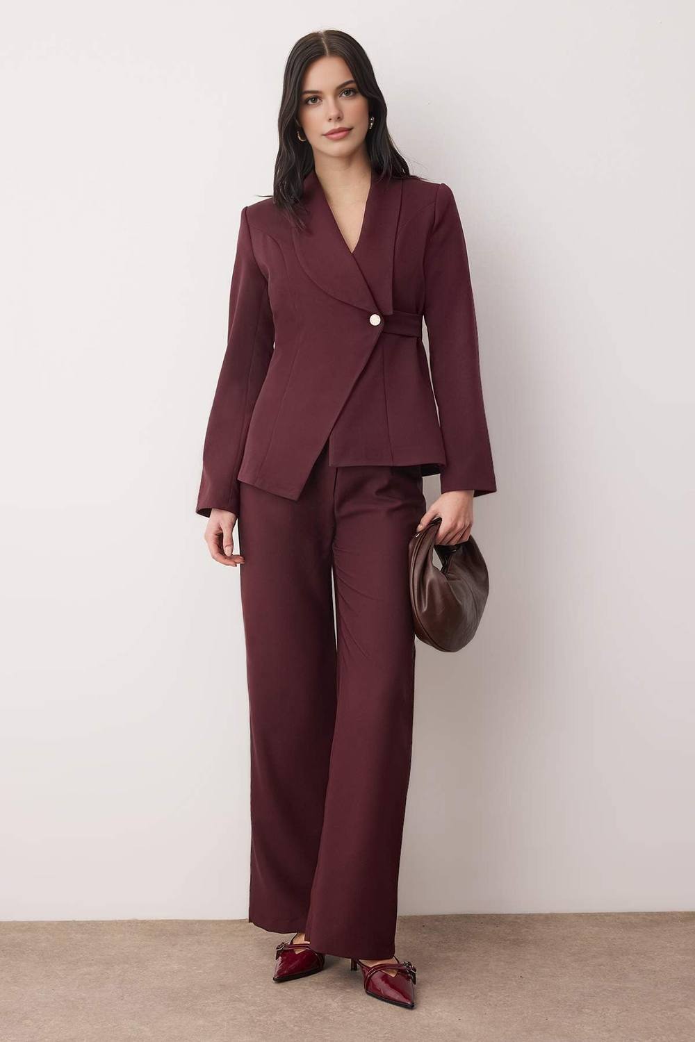 Wovcor Piece Tailored Woven Wrap Blazer And Wide Leg Trousers Set In Plum
