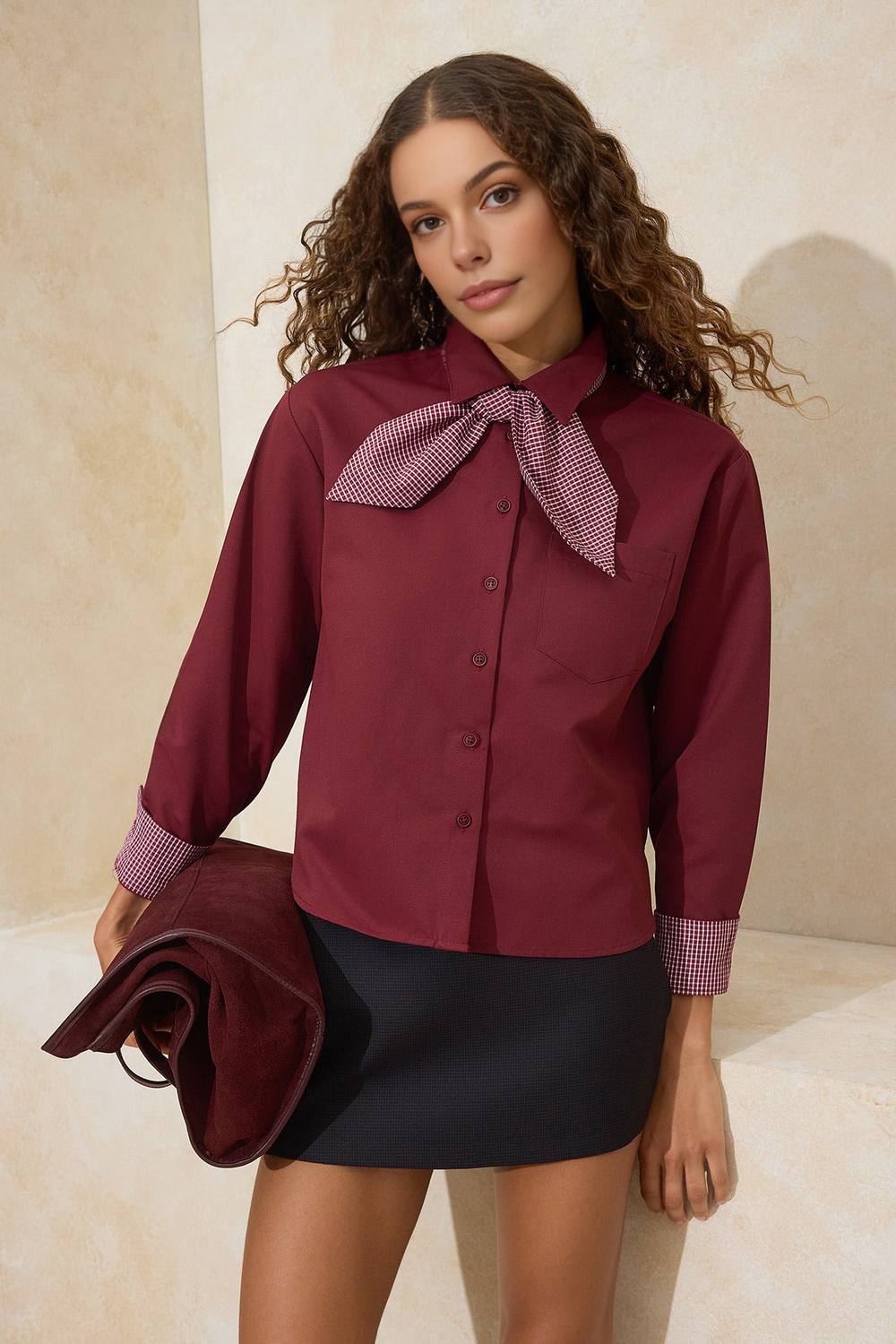 Wovcor Gabardine Button-Front Shirt With Scarf Neck Detail In Burgundy