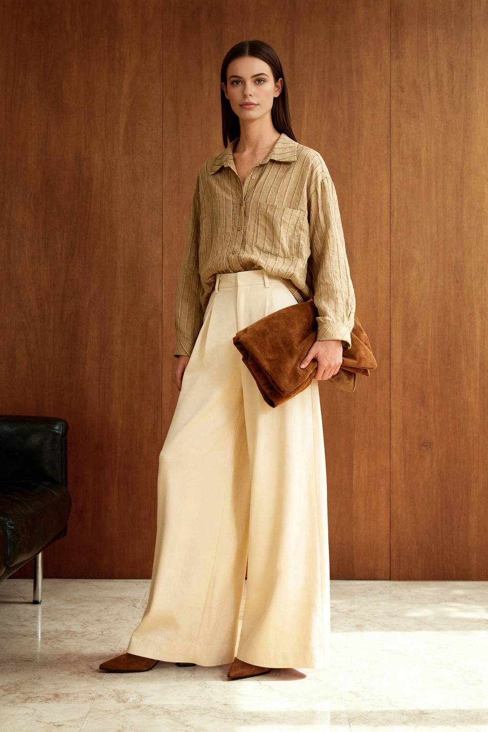 Wovcor Oversized Textured Stripe Shirt In Light Brown Wovcor Oversized Textured Stripe Shirt In Light Brown