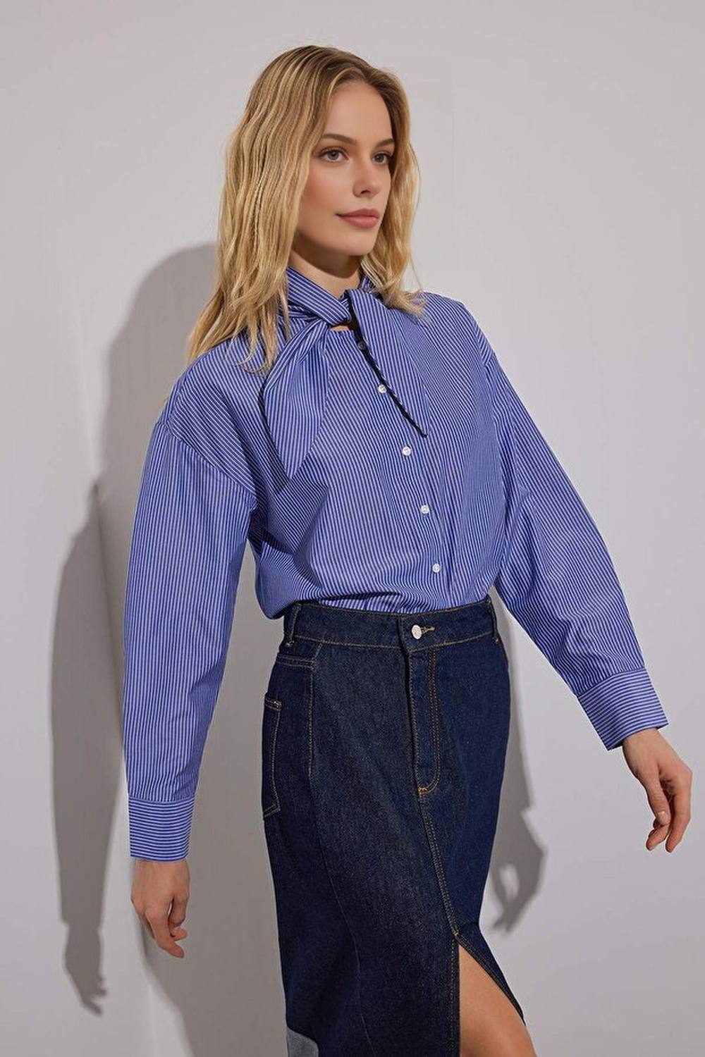 Wovcor Stripe Shirt With Scarf Tie Neck Detail In Bright Blue