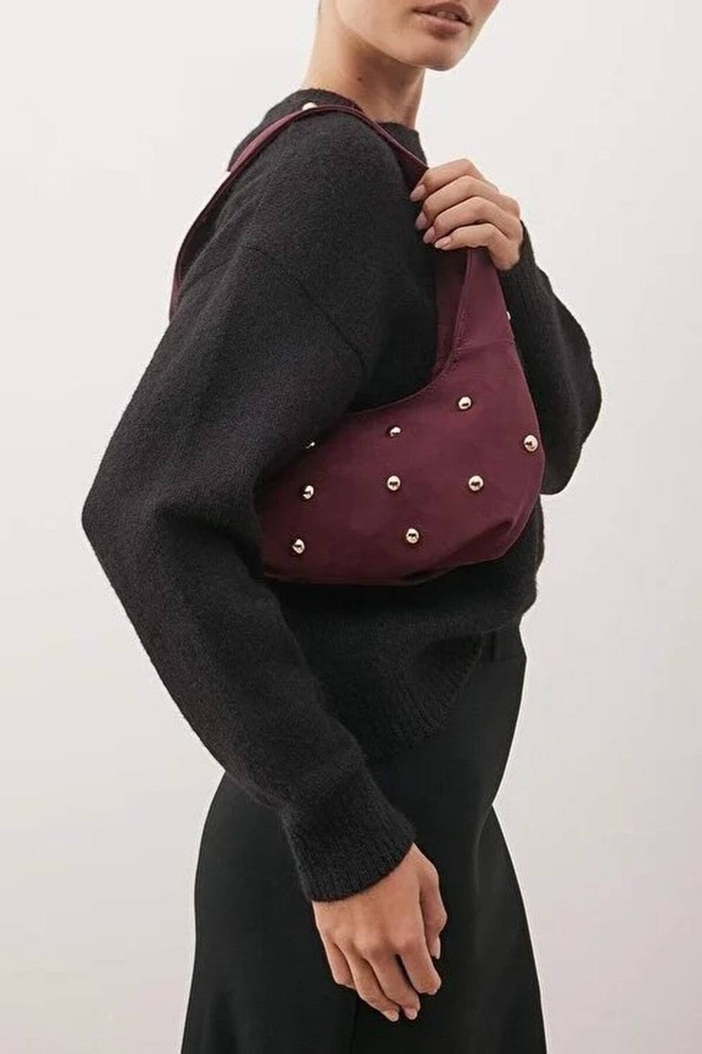 Wovcor Studded Suede Hobo Shoulder Bag In Burgundy Wovcor Studded Suede Hobo Shoulder Bag In Burgundy