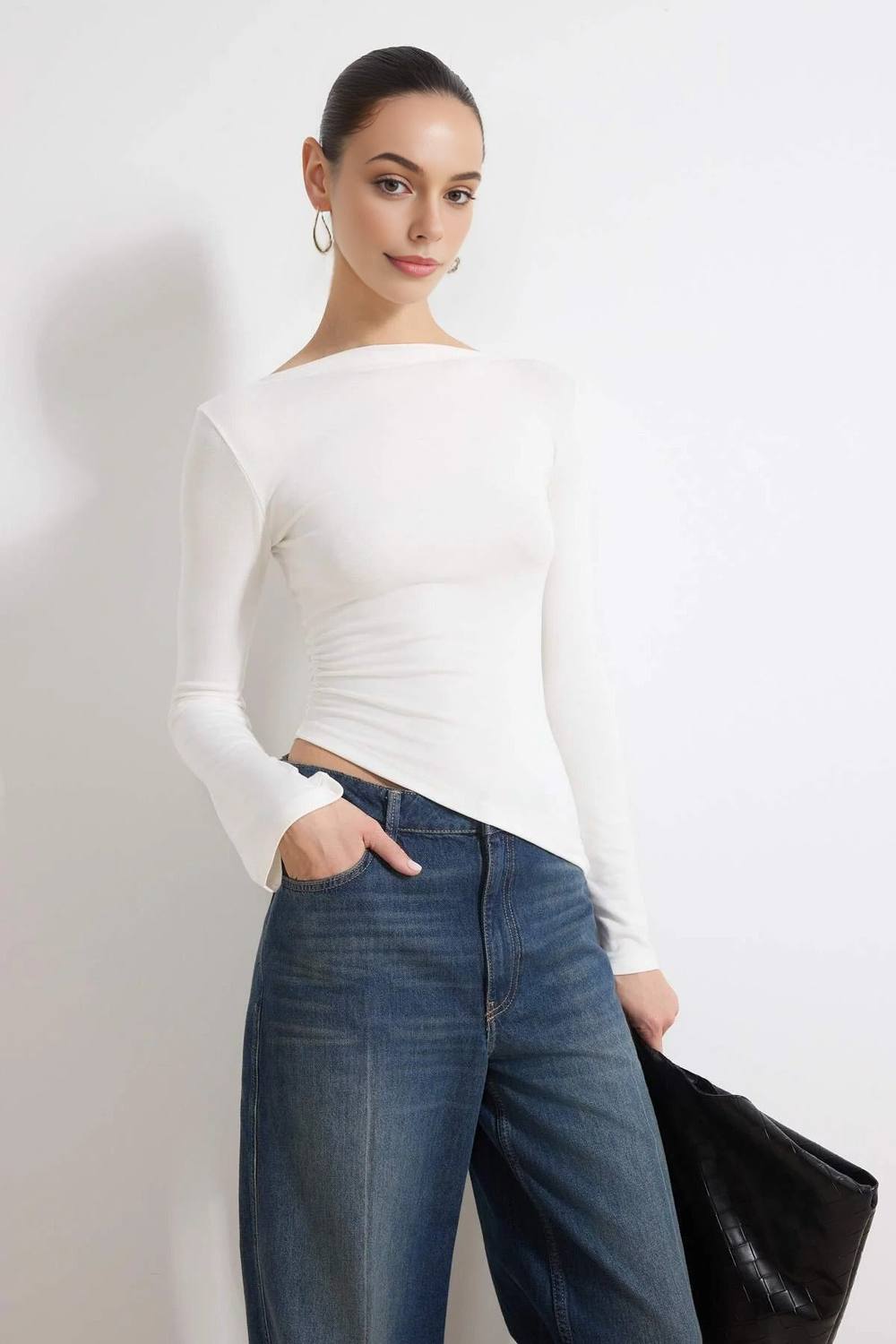 Wovcor Slash Neck Fitted Long Sleeve Cropped Top In White Wovcor Slash Neck Fitted Long Sleeve Cropped Top In White